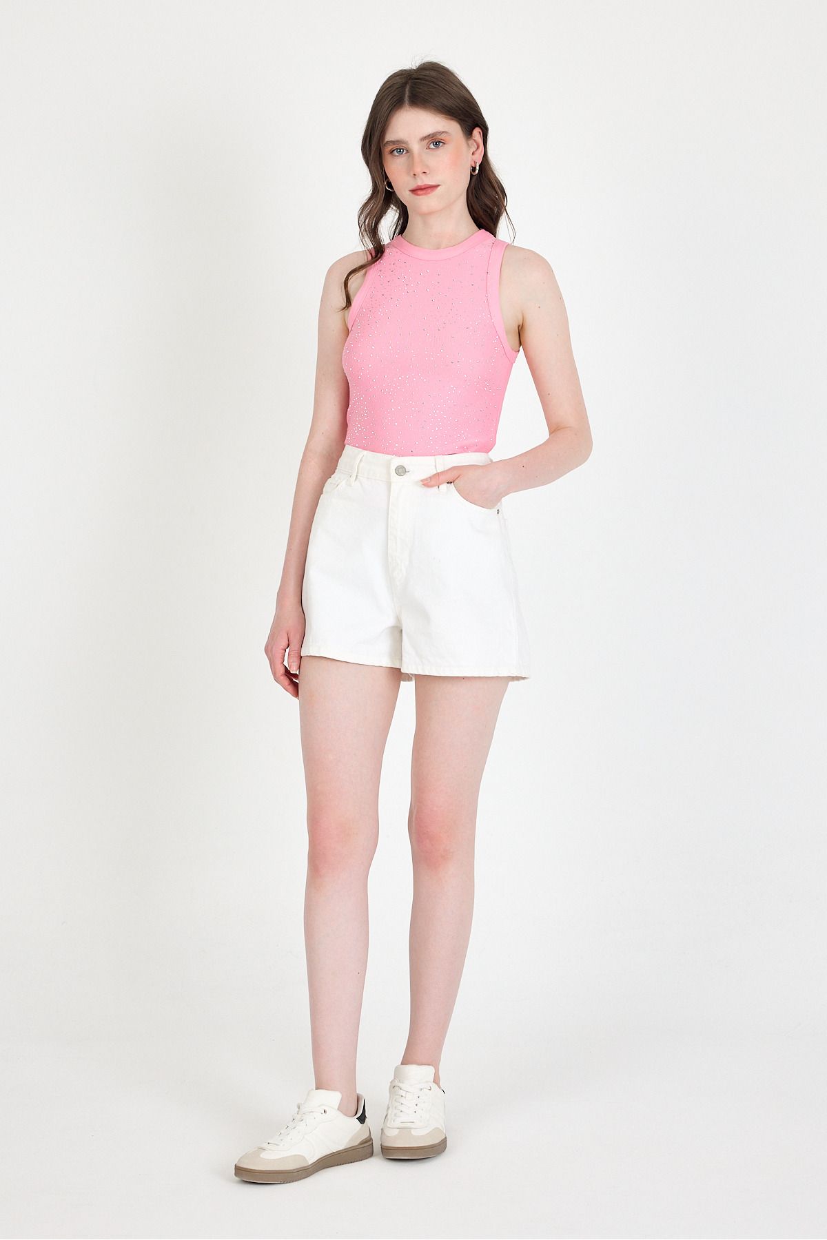 Rays-Pink Stone Processing Detailed Halter Neck Knitted Tank Top 0349 7