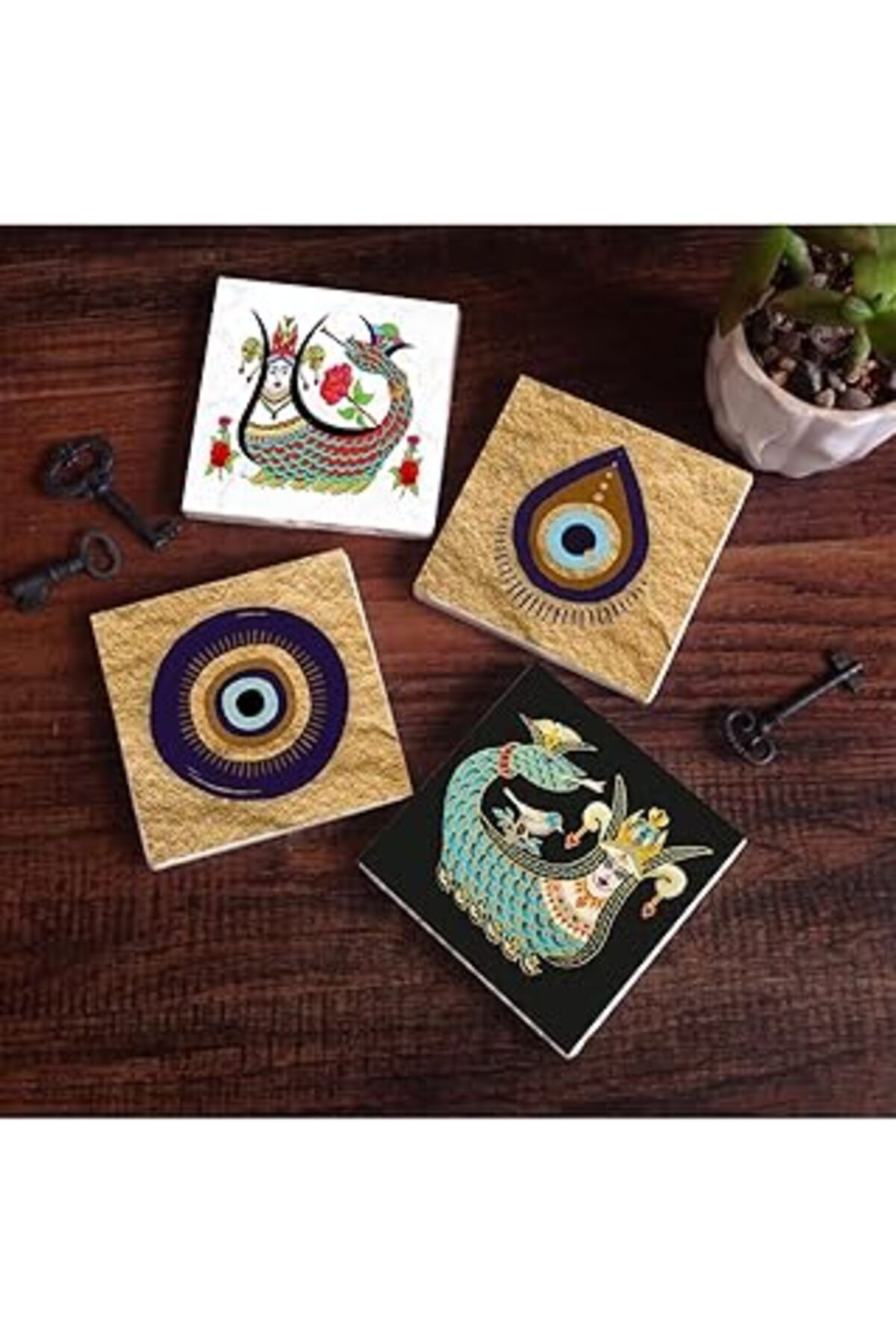 TBSProjects Pinecone Nazar, Şahmeran Taş Bardak Altlığı Seti - 4 Parça - Dekoratif, Rustik Mutfak Aksesuarı, 10
