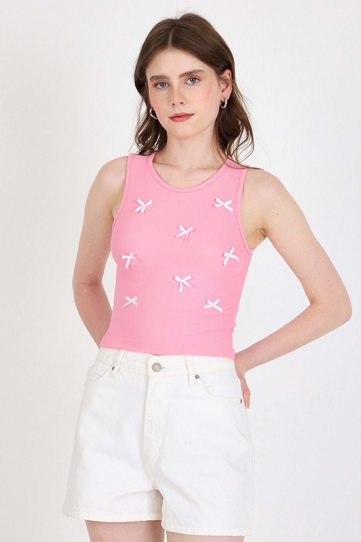 Rays Pembe Fiyonk İşlemeli Crop Örme Atlet 0849