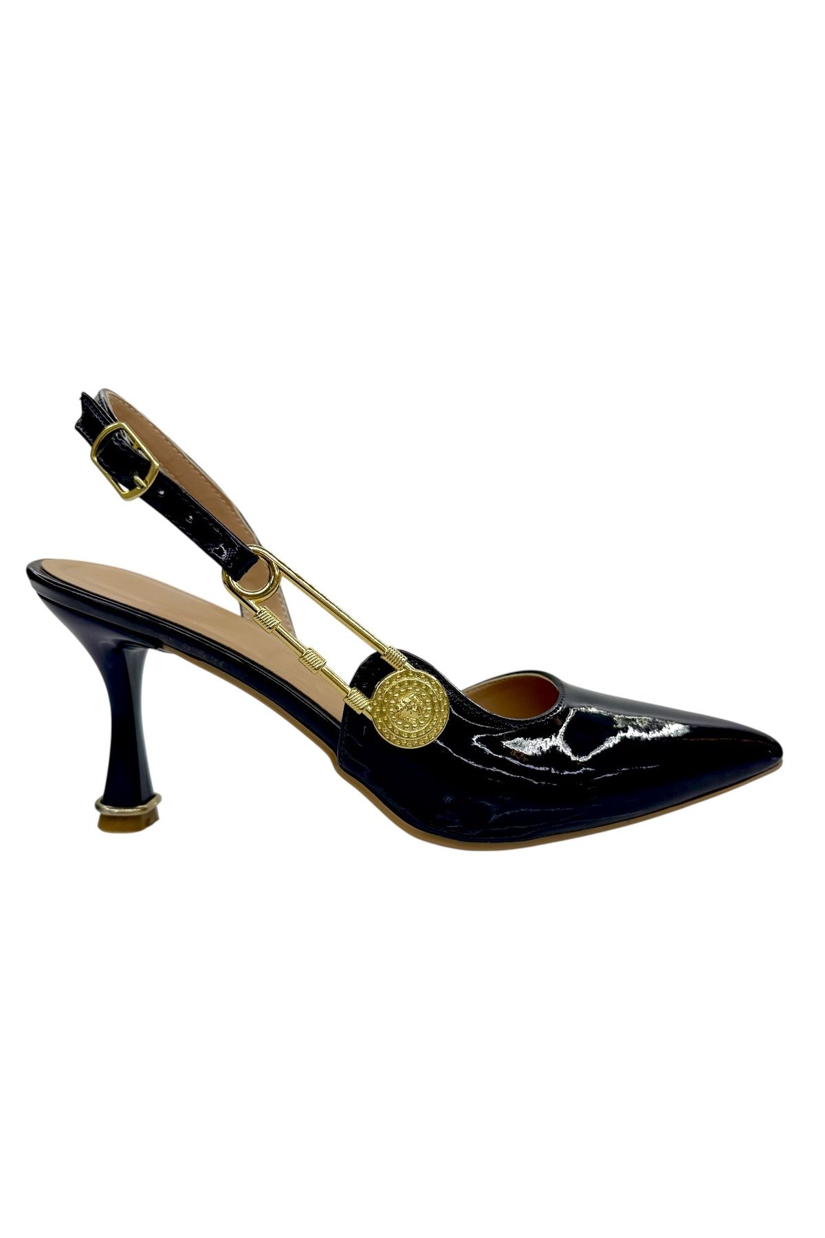 Shoes Kadın Rugan Topuklu Ayakkabı – İnce Topuk Gold Aksesuarlı