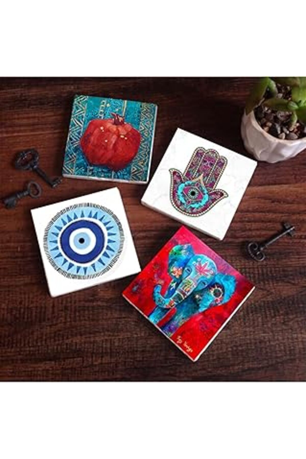 TBSProjects Pinecone Nazar, Fil, Fatma Ana Eli (Hamsa), Nar Taş Bardak Altlığı Seti - 4 Parça - Dekoratif, Rust