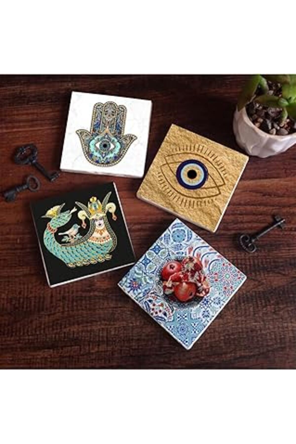 Pazarcan Pinecone Nazar, Şahmeran, Nar, Fatma Ana Eli (Hamsa) Taş Bardak Altlığı Seti - 4 Parça - Dekoratif,