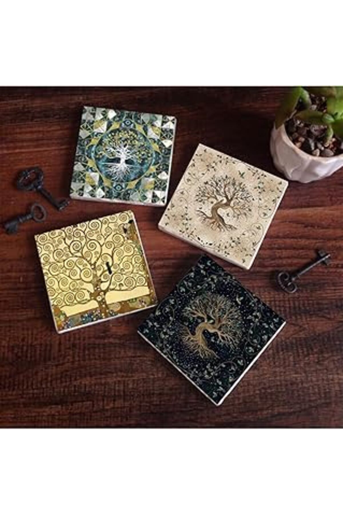 TBSProjects Pinecone Hayat Ağacı Taş Bardak Altlığı Seti - 4 Parça - Dekoratif, Rustik Mutfak Aksesuarı, 10X10