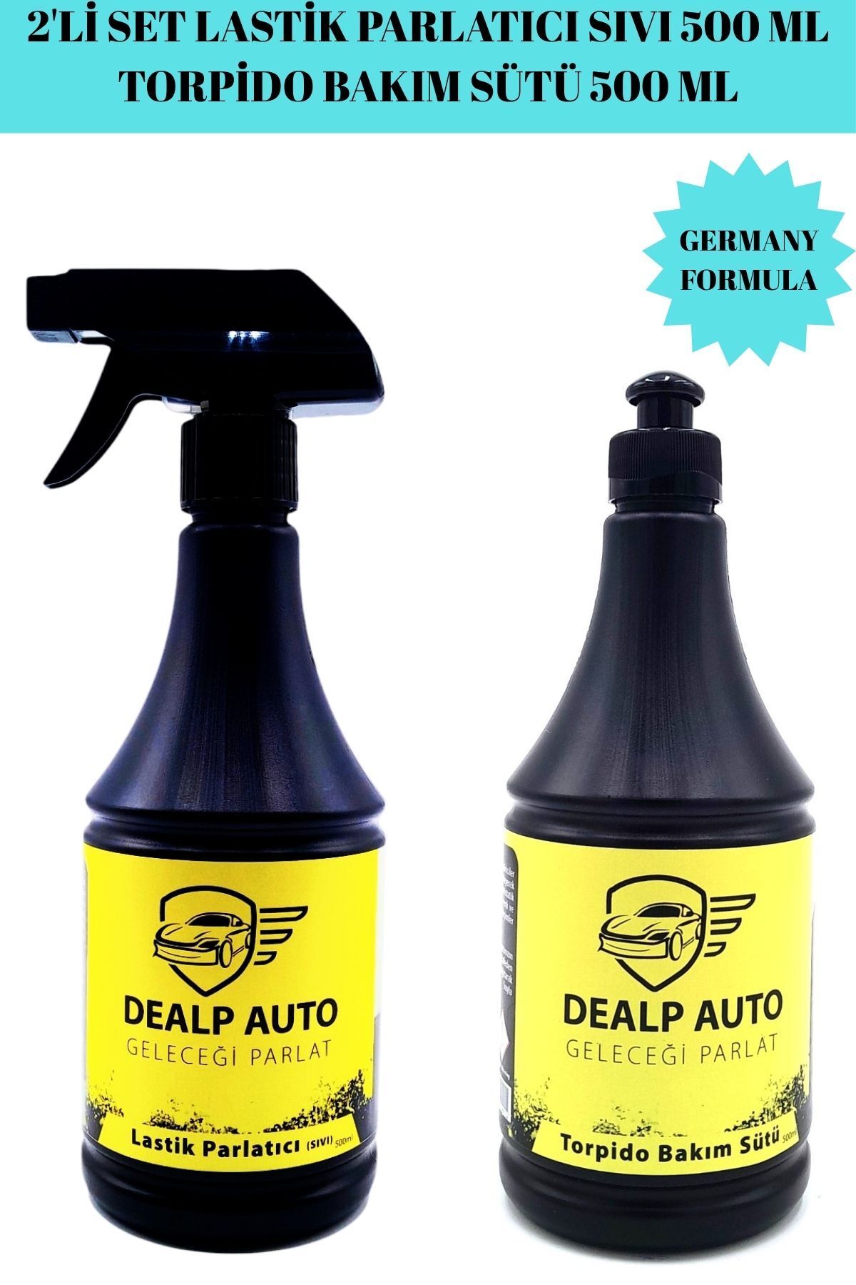 DEALP AUTO 2'Li Set Lastik Koruyucu Ve Parlatıcı Sıvı Islak Görünüm Hoş Kokulu Torpido Bakım Sütü