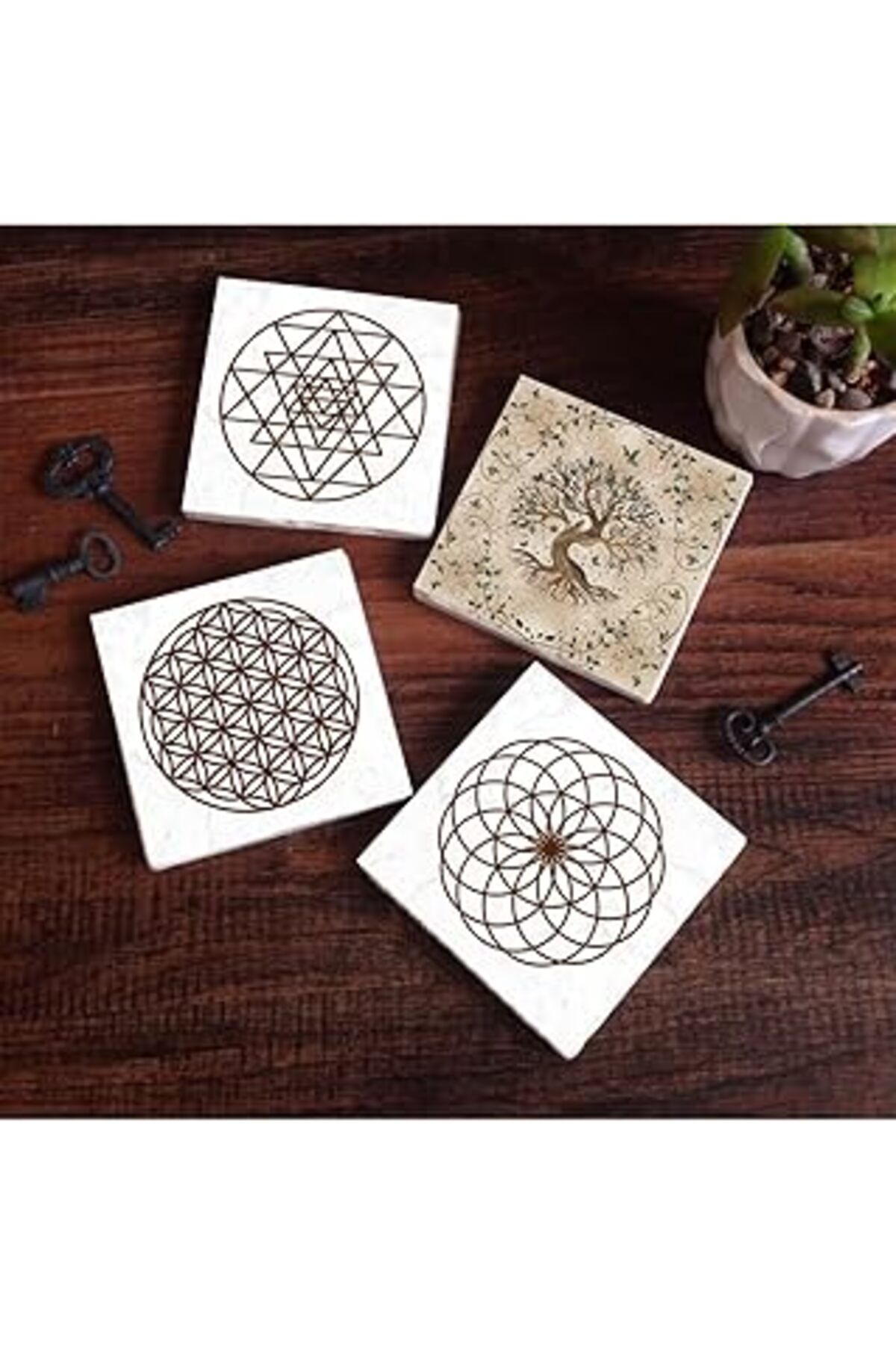 TBSProjects Pinecone Yaşam Çiçeği, Sri Yantra, Hayat Ağacı Taş Bardak Altlığı Seti - 4 Parça - Dekoratif, Rusti