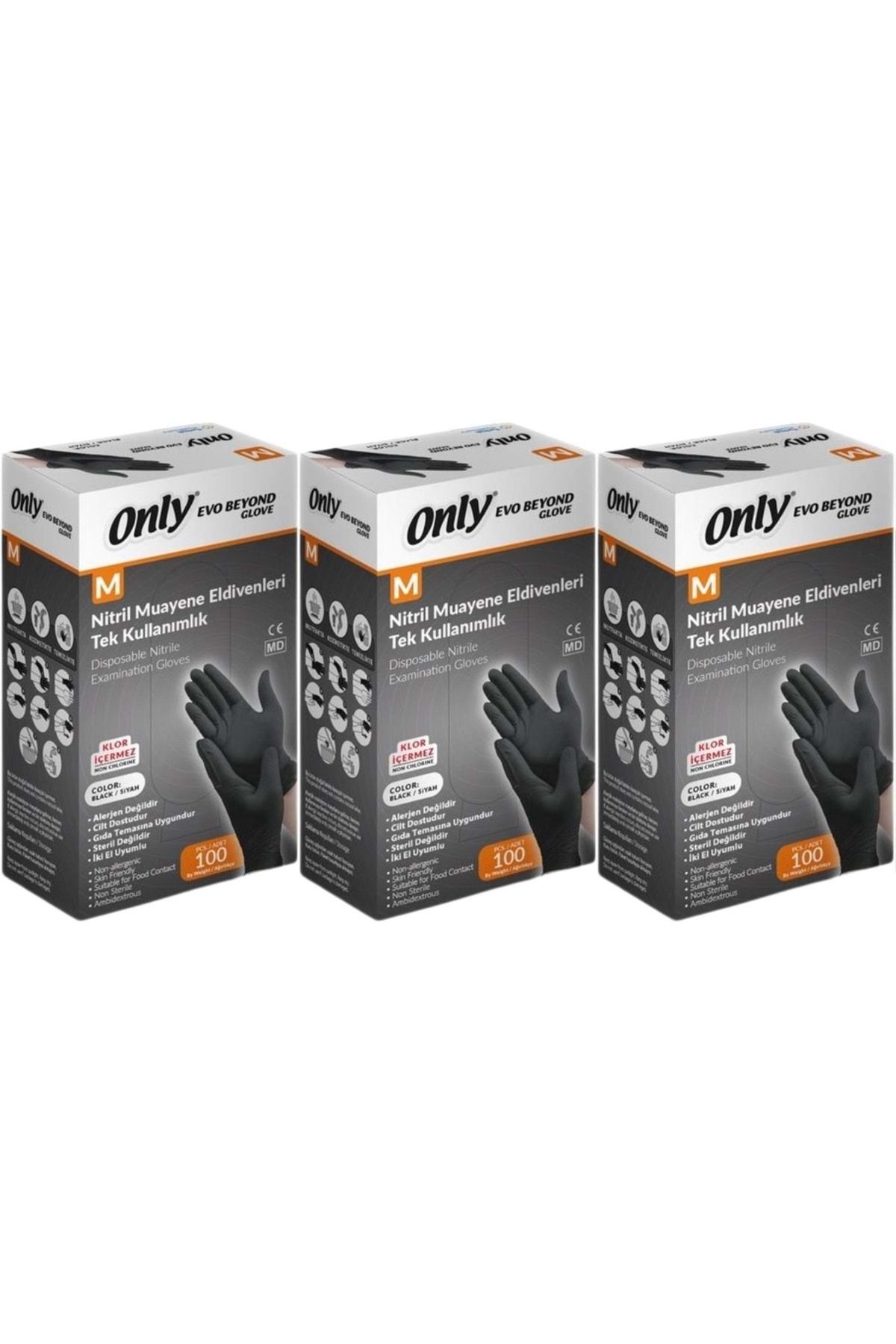 ONLY Evo Beyond Glove Nitril Siyah Pudrasız Muayene Eldiveni 300 Lü Set M - Medium - Orta (3PK*100)