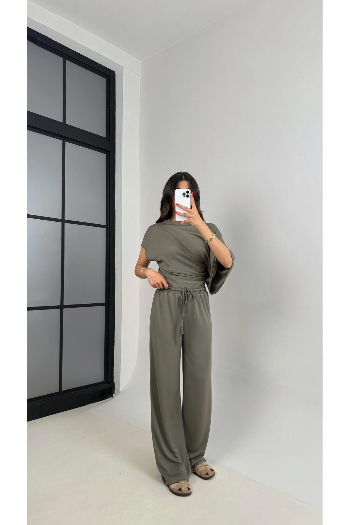Gaus Haki Yarasa Kol Bluz Beli Lastikli Pantolon Tasarım Modal Kumaş Takım Gaus00490