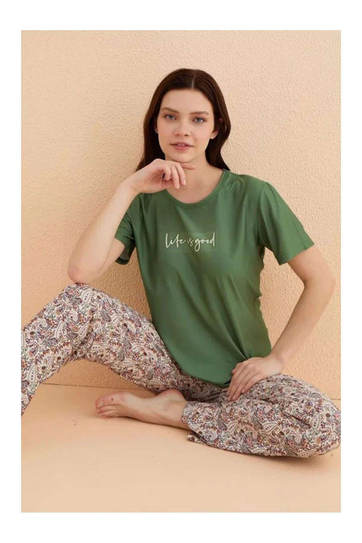 Butik MİHRA 30102 Yeşil Life İs Good Desenli Kısa Kollu Örme Kadın Pijama Takımı