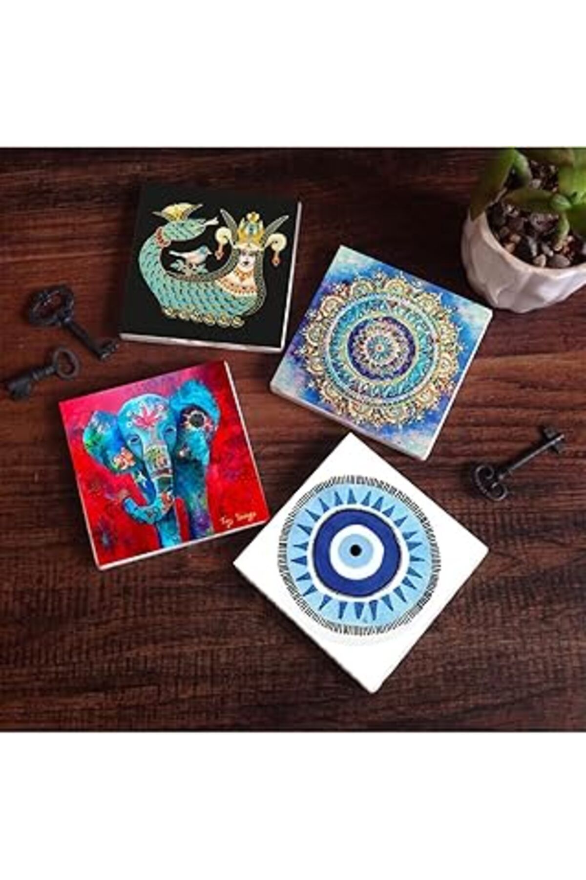 TBSProjects Pinecone Nazar, Mandala, Fil, Şahmeran Taş Bardak Altlığı Seti - 4 Parça - Dekoratif, Rustik Mutfak