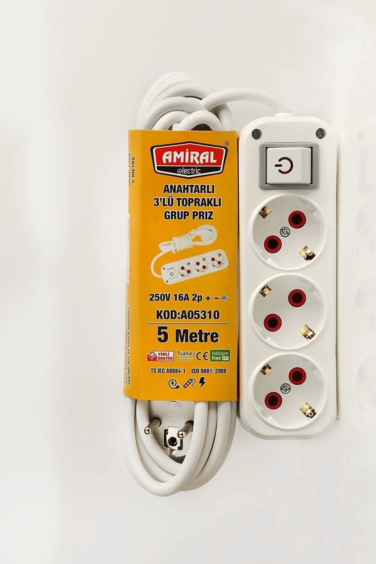 Generic Amiral 3' Lü Topraklı Anahtarlı 5 Metre Kablolu Grup Priz