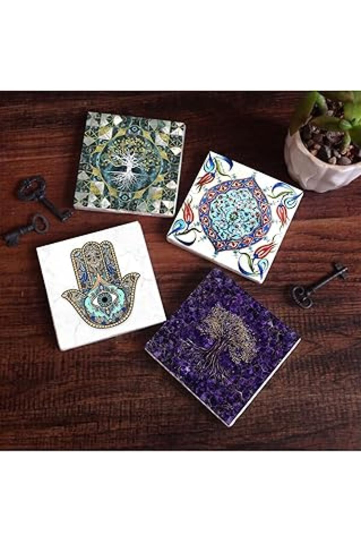 Pİ GLOBAL Pinecone Hayat Ağacı, Çini Sanatı, Fatma Ana Eli (Hamsa) Taş Bardak Altlığı Seti - 4 Parça - Dekora