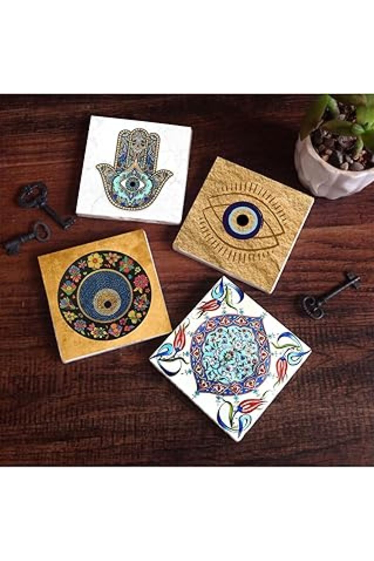 TBSProjects Pinecone Nazar, Çini Sanatı, Fatma Ana Eli (Hamsa) Taş Bardak Altlığı Seti - 4 Parça - Dekoratif, R