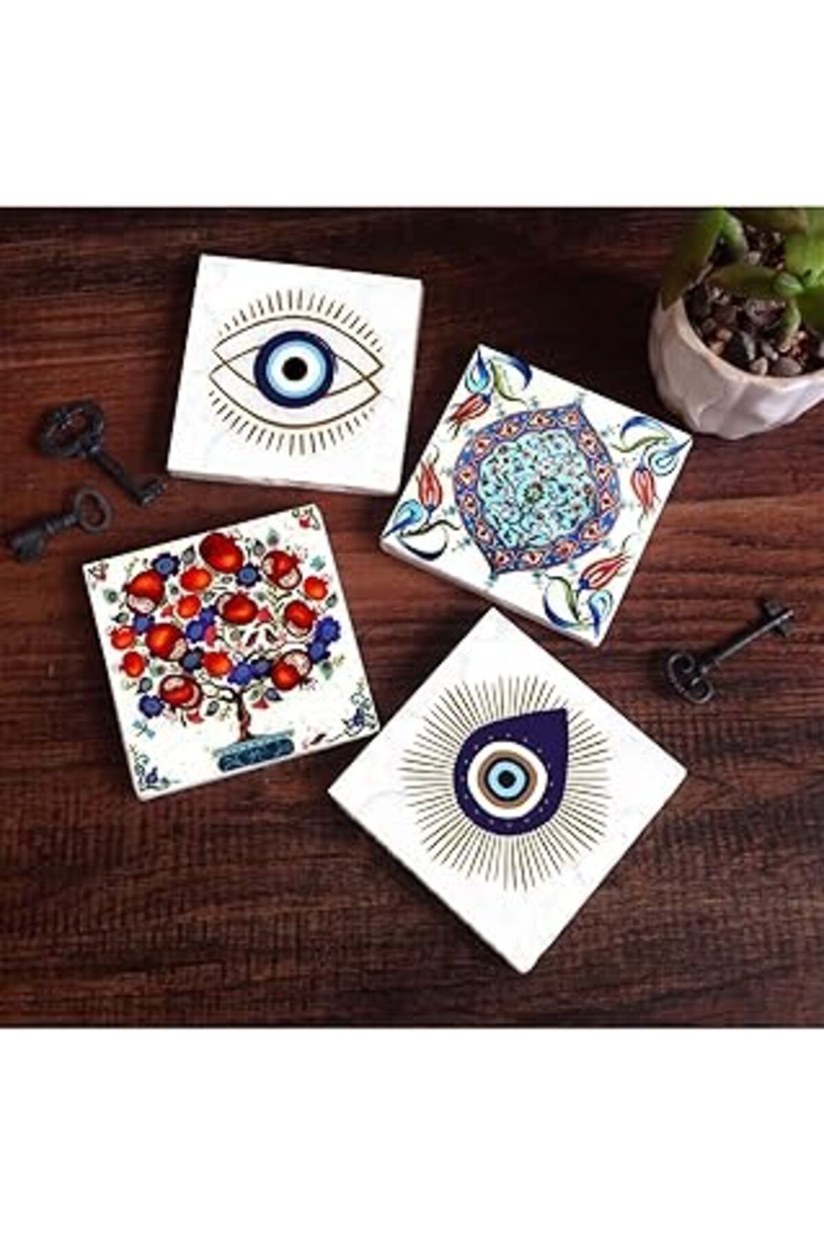 TBSProjects Pinecone Nazar, Çini Sanatı, Nar Ağacı Taş Bardak Altlığı Seti - 4 Parça - Dekoratif, Rustik Mutfak