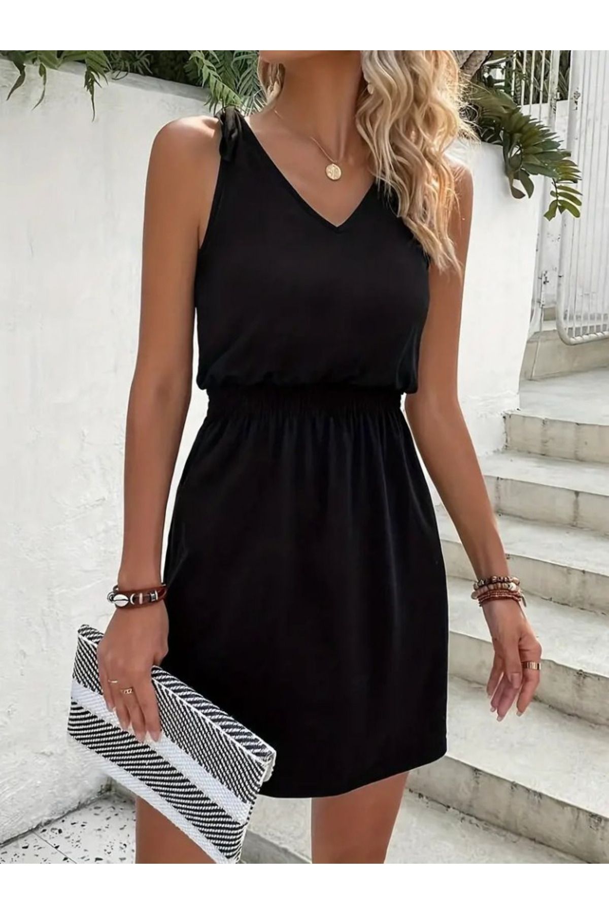 velmorafashion Kadın V Yakalı Belinde Gipe Detay Krep Elbise
