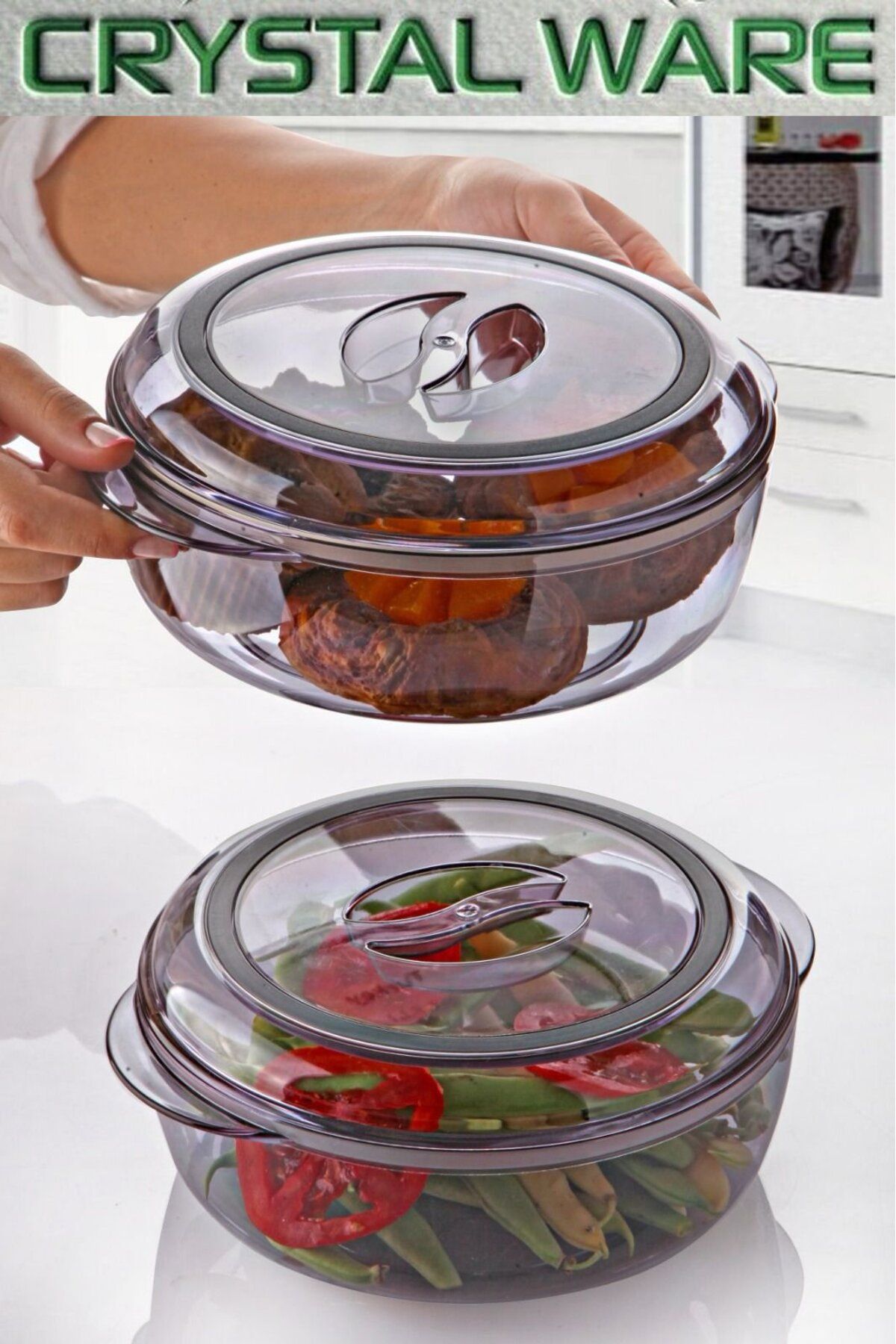 Crystal Ware 2 Adet Yuvarlak Contalı Kapaklı Saklama Kabı 1750 ml Antrasit F312