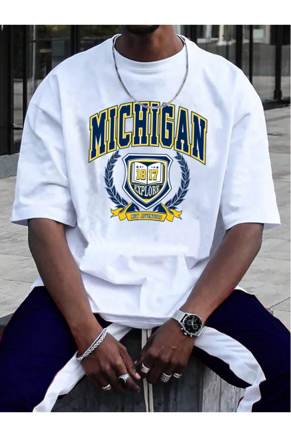 COHERENT Unisex Erkek/Kadın MICHIGAN Özel Baskılı Oversize Pamuklu T-Shirt