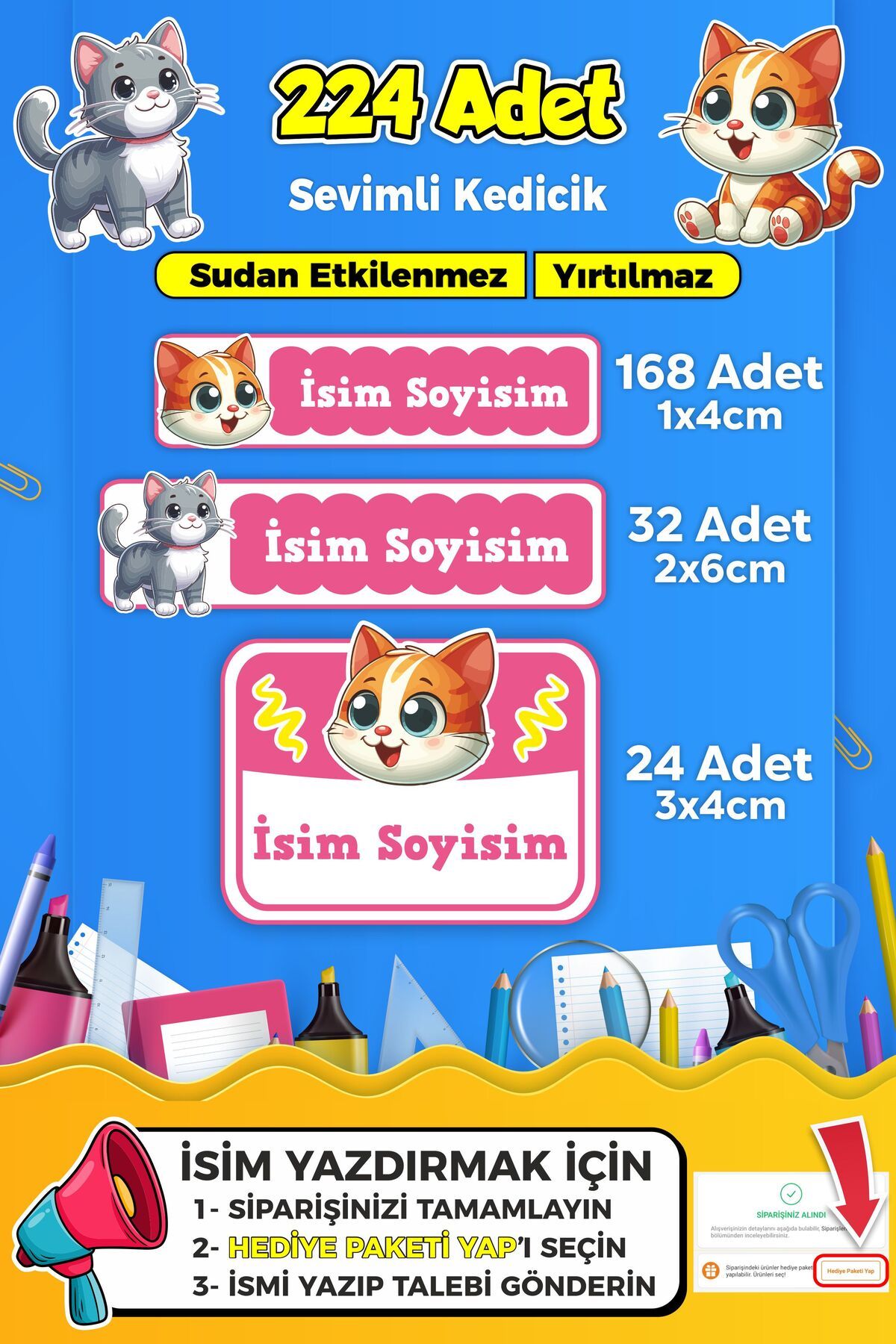 SB store Sevimli Kedi Temalı Okul Kreş Kişiye Özel isim Etiket Seti - Model 363