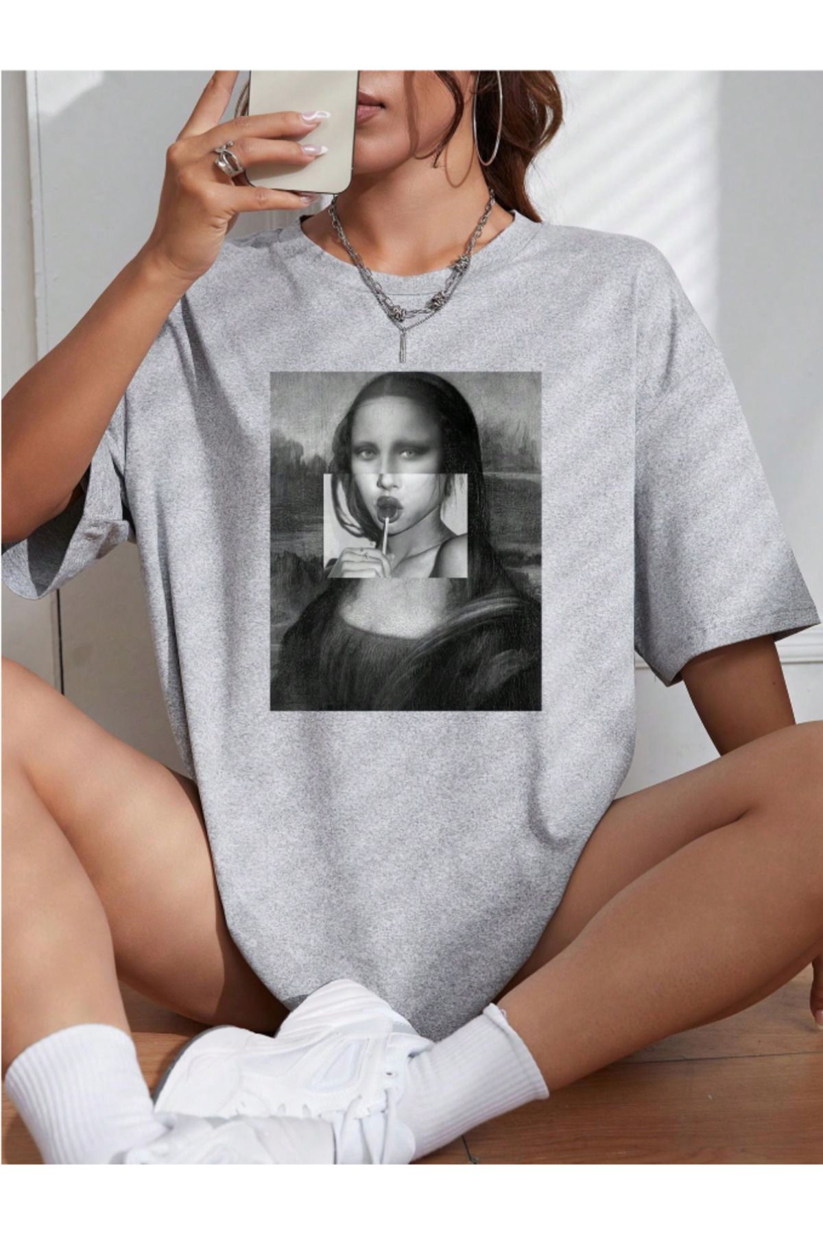 COHERENT Unisex Erkek/Kadın MONALİSA Özel Baskılı Oversize Pamuklu T-Shirt