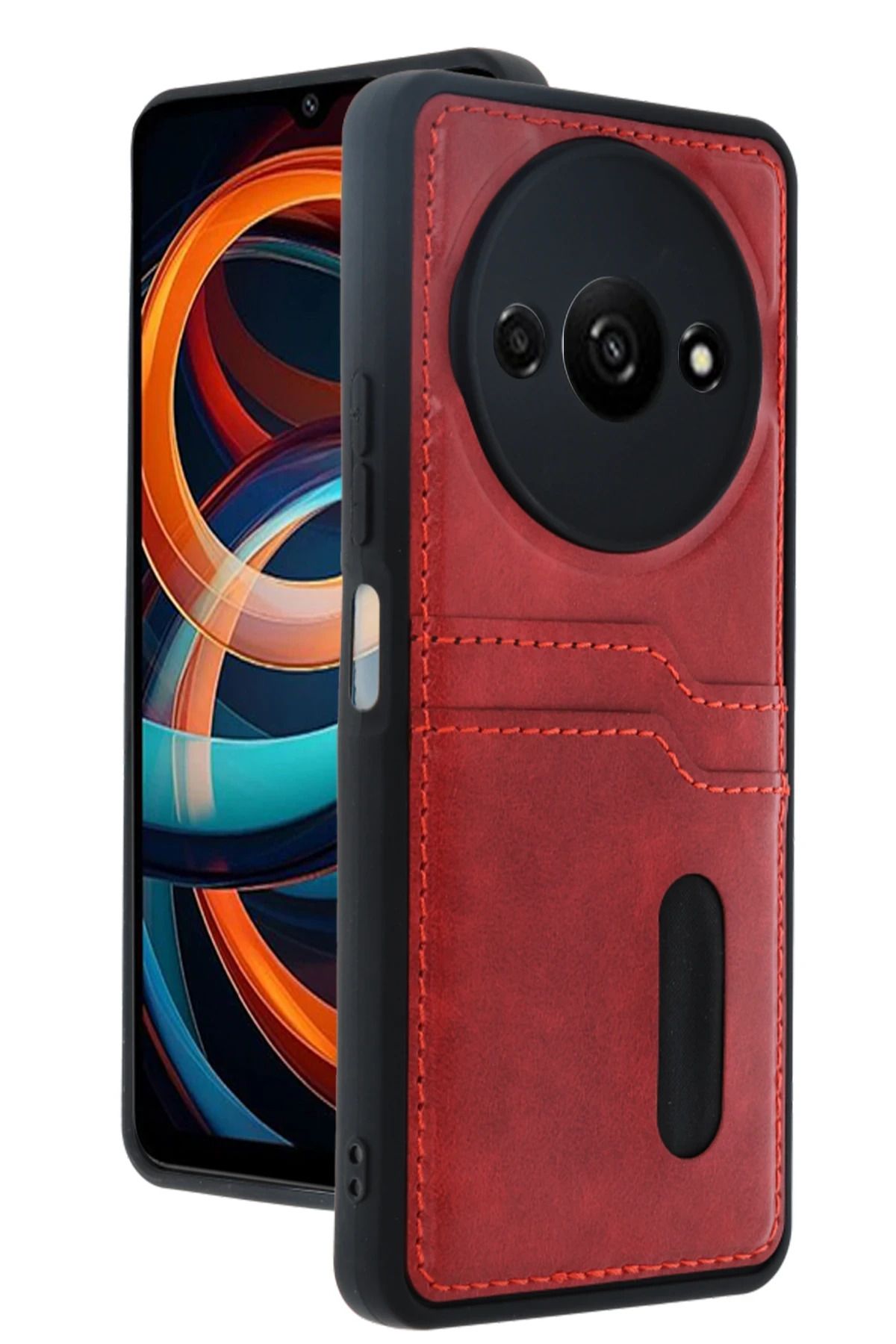 NewFace Xiaomi Redmi A3 4G Kılıf Sara Kartvizitli Deri Kılıf - Kırmızı YNSMR