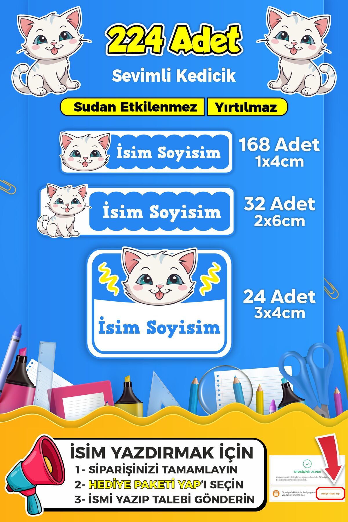 SB store Sevimli Kedi Temalı Okul Kreş Kişiye Özel isim Etiket Seti - Model 362