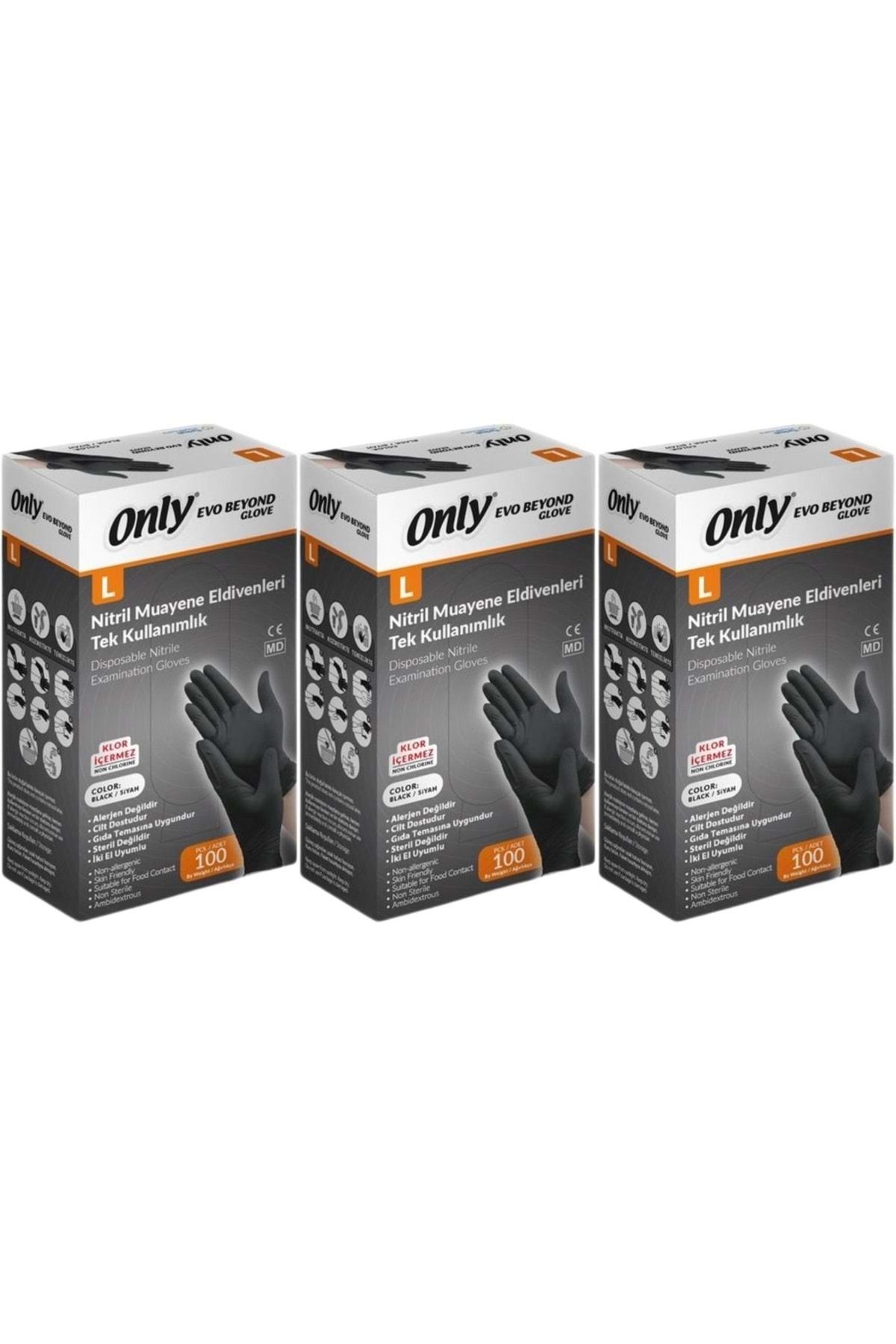 ONLY Evo Beyond Glove Nitril Siyah Pudrasız Muayene Eldiveni 300 Lü Set L - Large - Büyük (3PK*100)