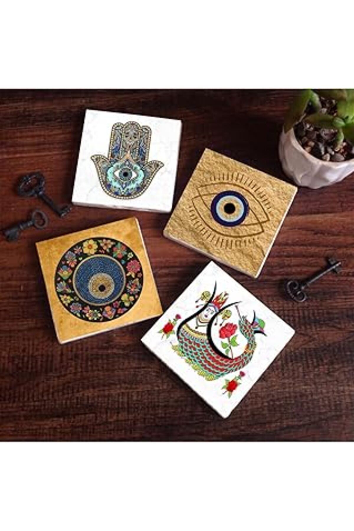 Pİ GLOBAL Pinecone Nazar, Şahmeran, Fatma Ana Eli (Hamsa) Taş Bardak Altlığı Seti - 4 Parça - Dekoratif, Rust
