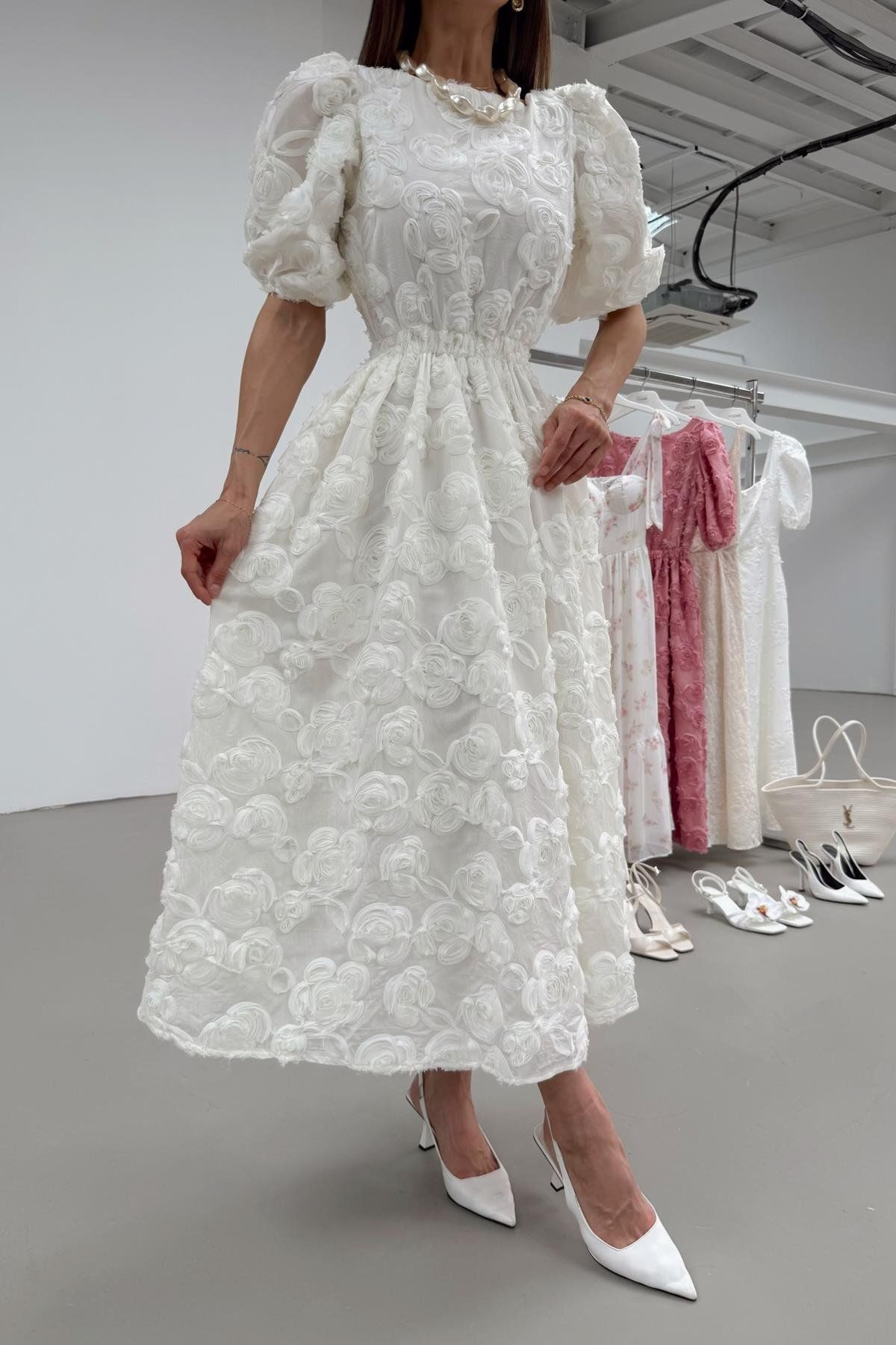 mylove Rose Midi Elbise Beyaz