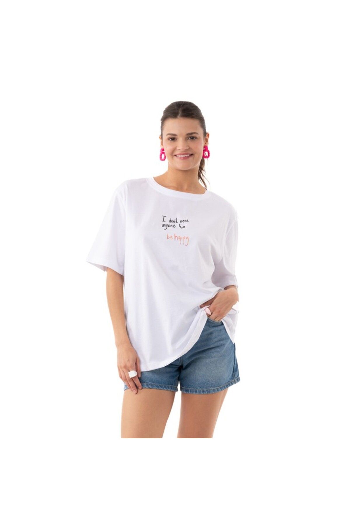 POG'S Be Happy Overisize Beyaz T-Shirt