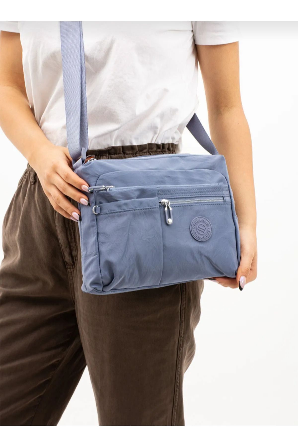 eflanmoda sanmorris çok bölmeli suya dayanıklı krinkır kumaştan kadın omuz ve çapraz çanta