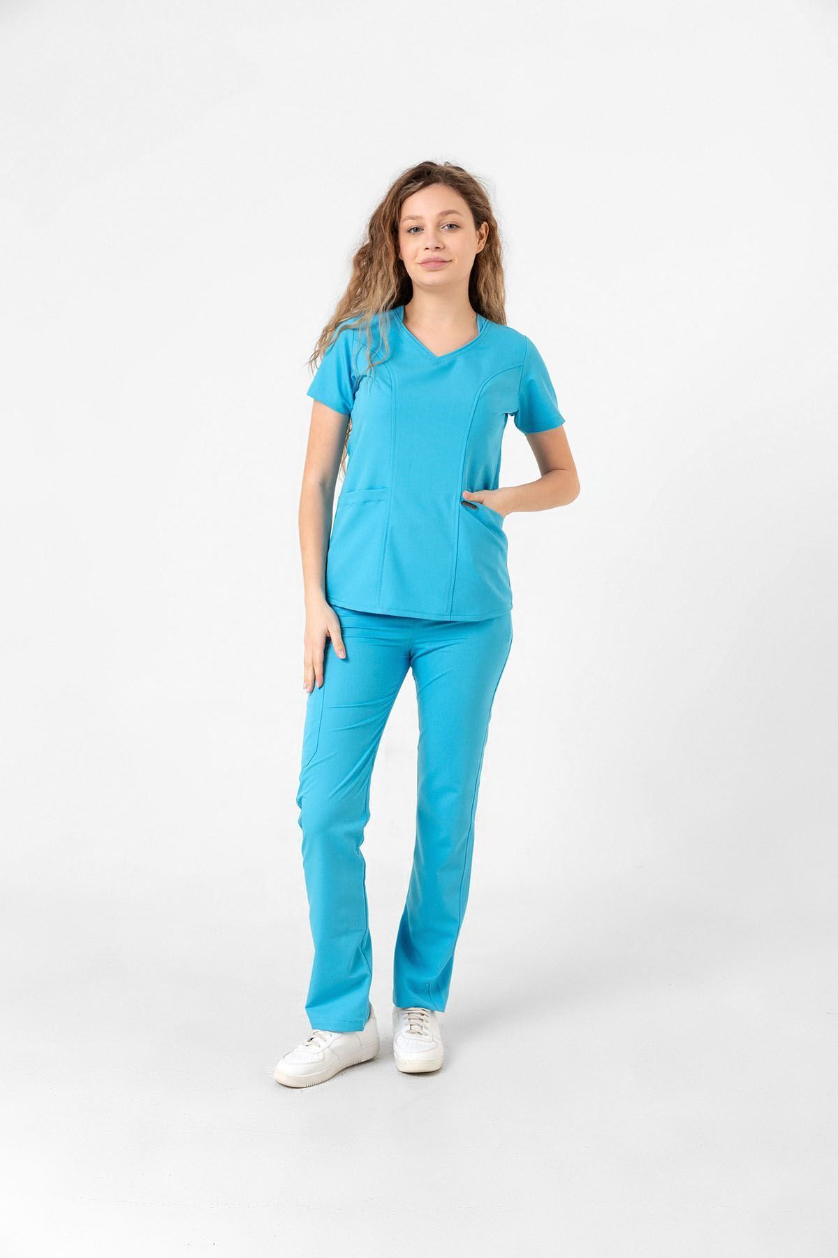 Onur Forma Scrubs Butterfly Collar Kadın Takım - Turkuaz Mavi