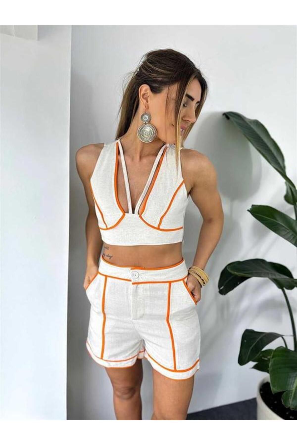 JENDY Şeritli Keten Crop & Şort Takım