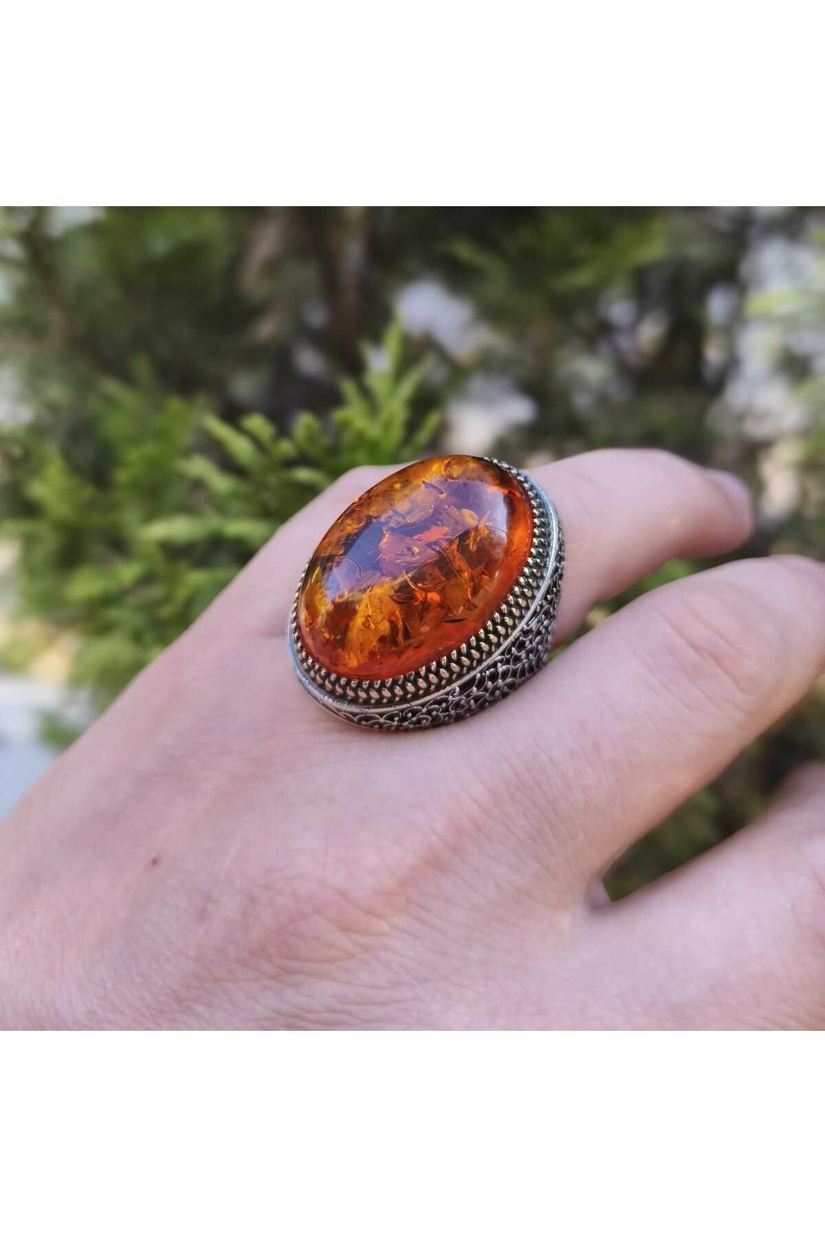 MODA Ateş kehribar taşlı Büyük boy 925 ayar gümüş erkek yüzük