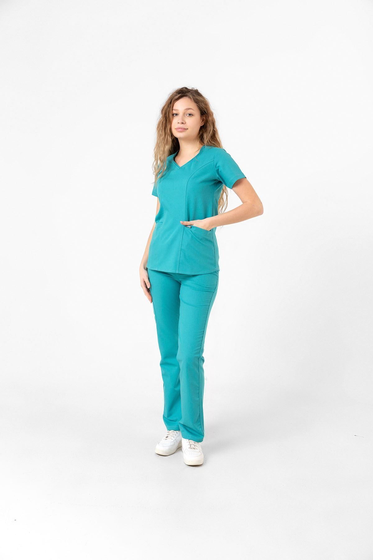 Onur Forma Scrubs Butterfly Collar Kadın Takım - Turkuaz Yeşili