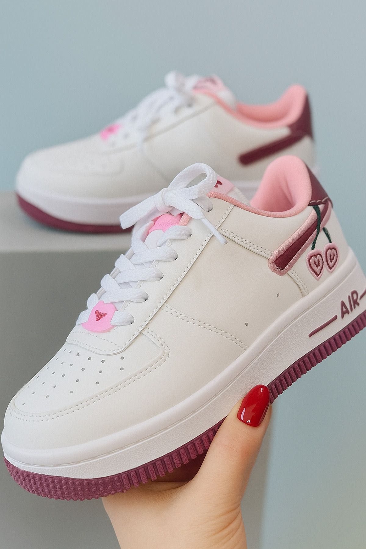 asyada fashion kiraz desenli düz beyaz kadın sneakers ayakkabı spor ayakkabı yazlık ayakkabı
