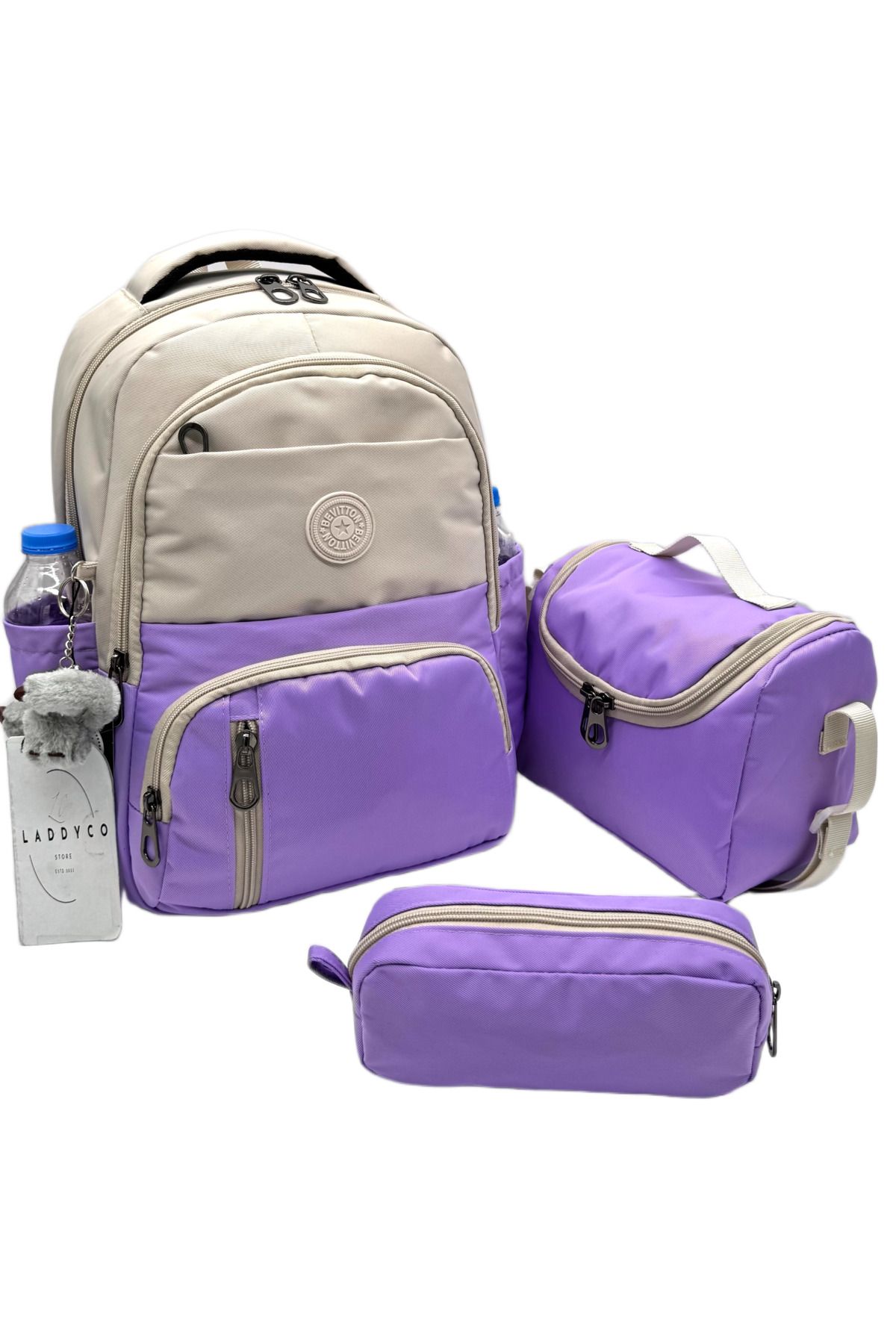 LaddyCo İlk Okul Çantası 3'lü Seti Unisex Çocuk İlkokul Çantası LDC-8010 Bej-Lila