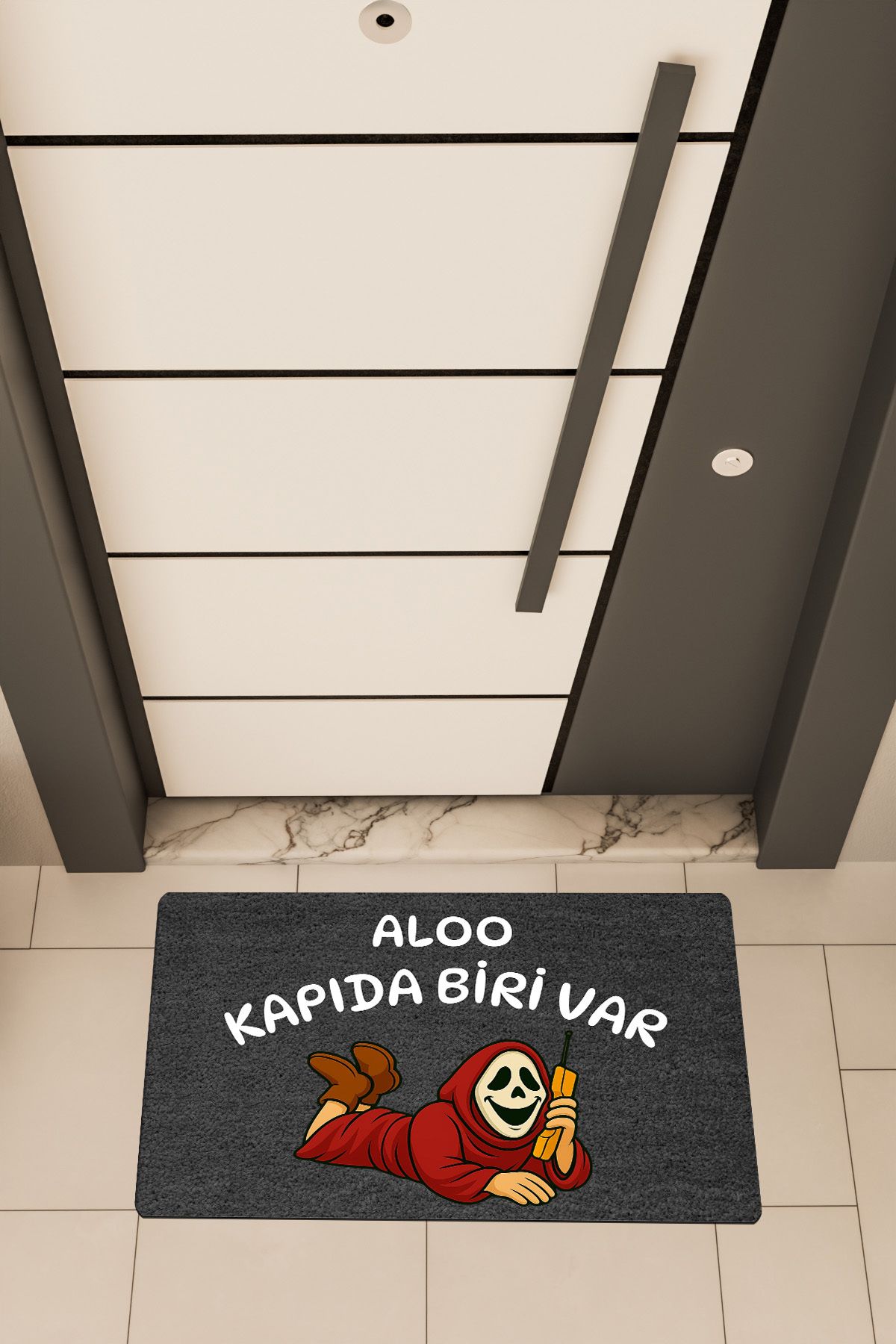 Dormot Home Yüksek Kaliteli Dijital Baskı Siyah, Kapıda Biri Var, temalı Kapı Önü Paspası