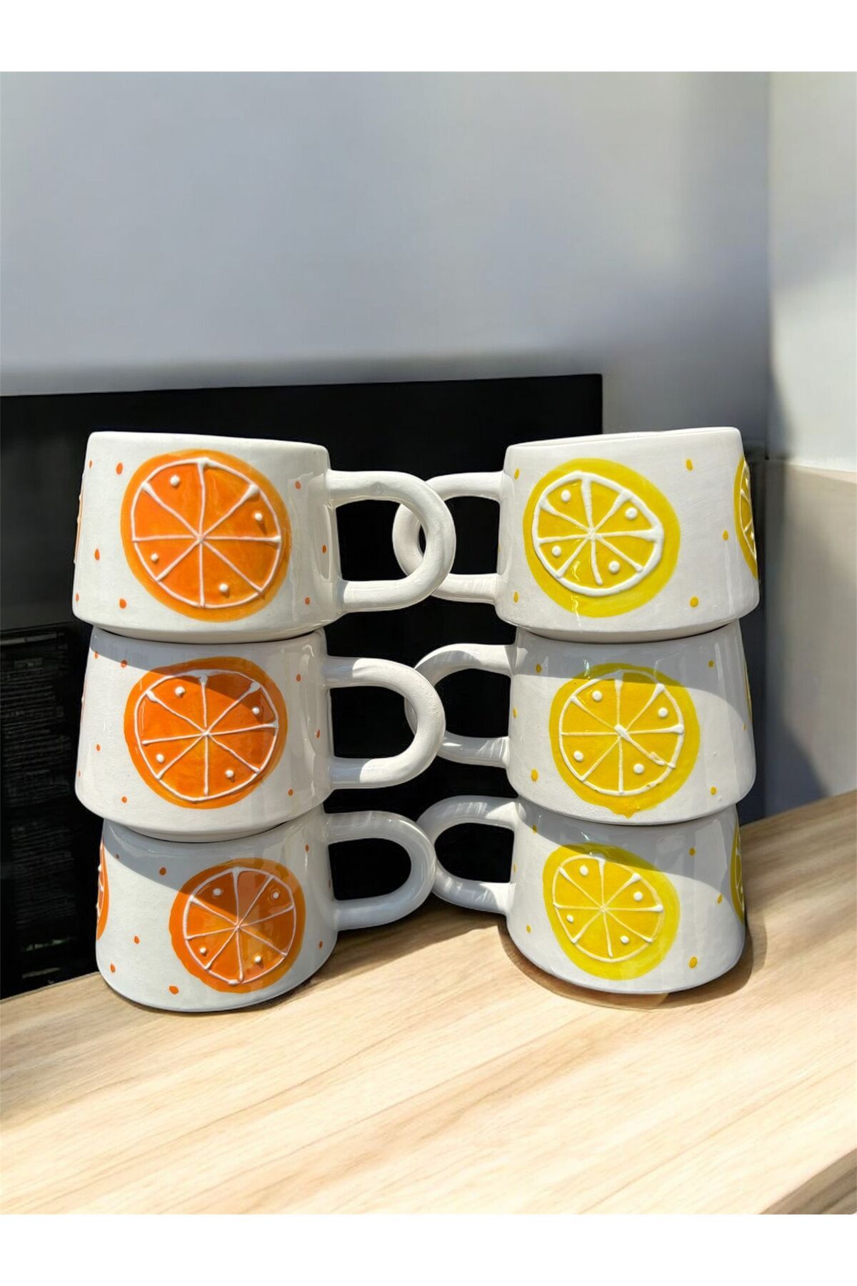 BB TRADE El Yapımı 6'Lı Limon Ve Portakal Desenli Seramik Kupa
