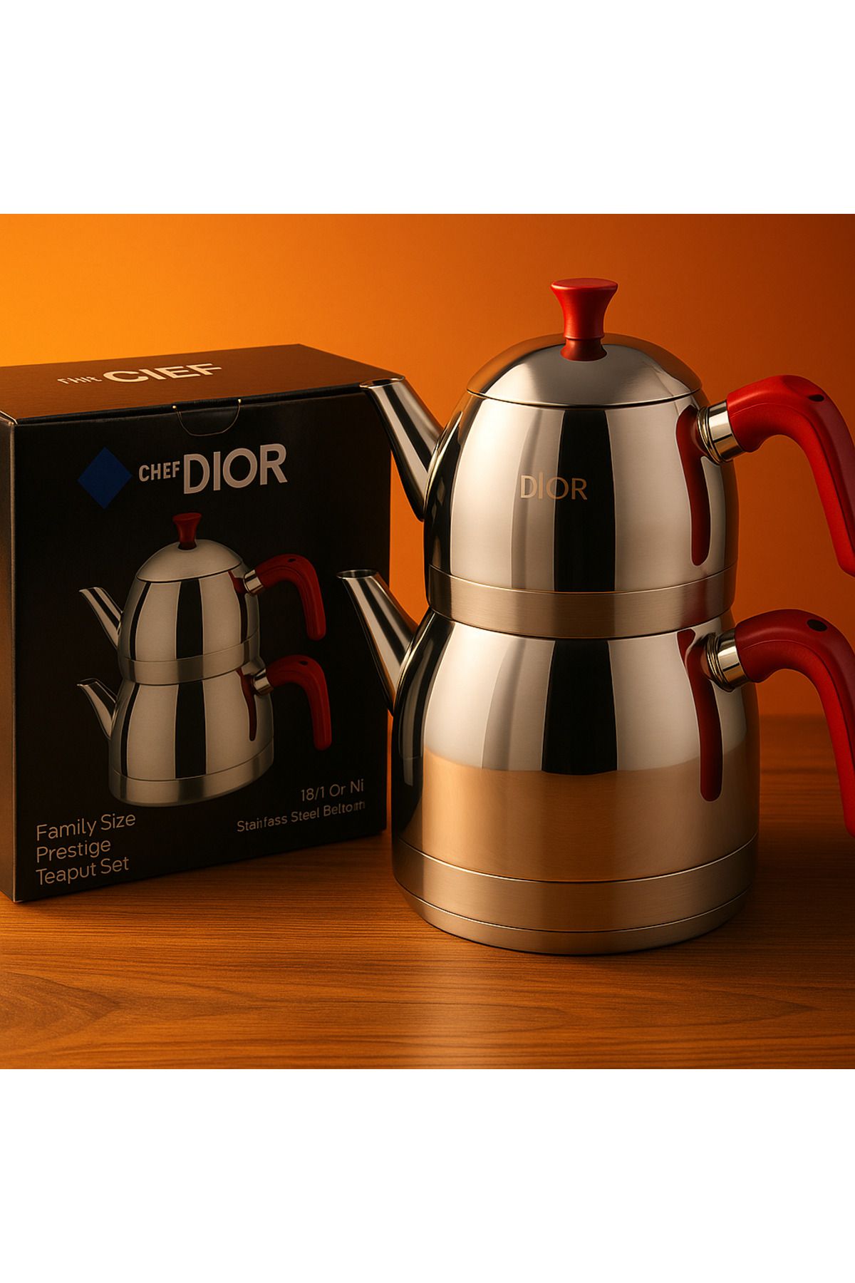 Evim Şahane Chef Dior Prestij Serisi Aile Boy Çaydanlık - 18/10 Paslanmaz Çelik, Ergonomik Kulplu