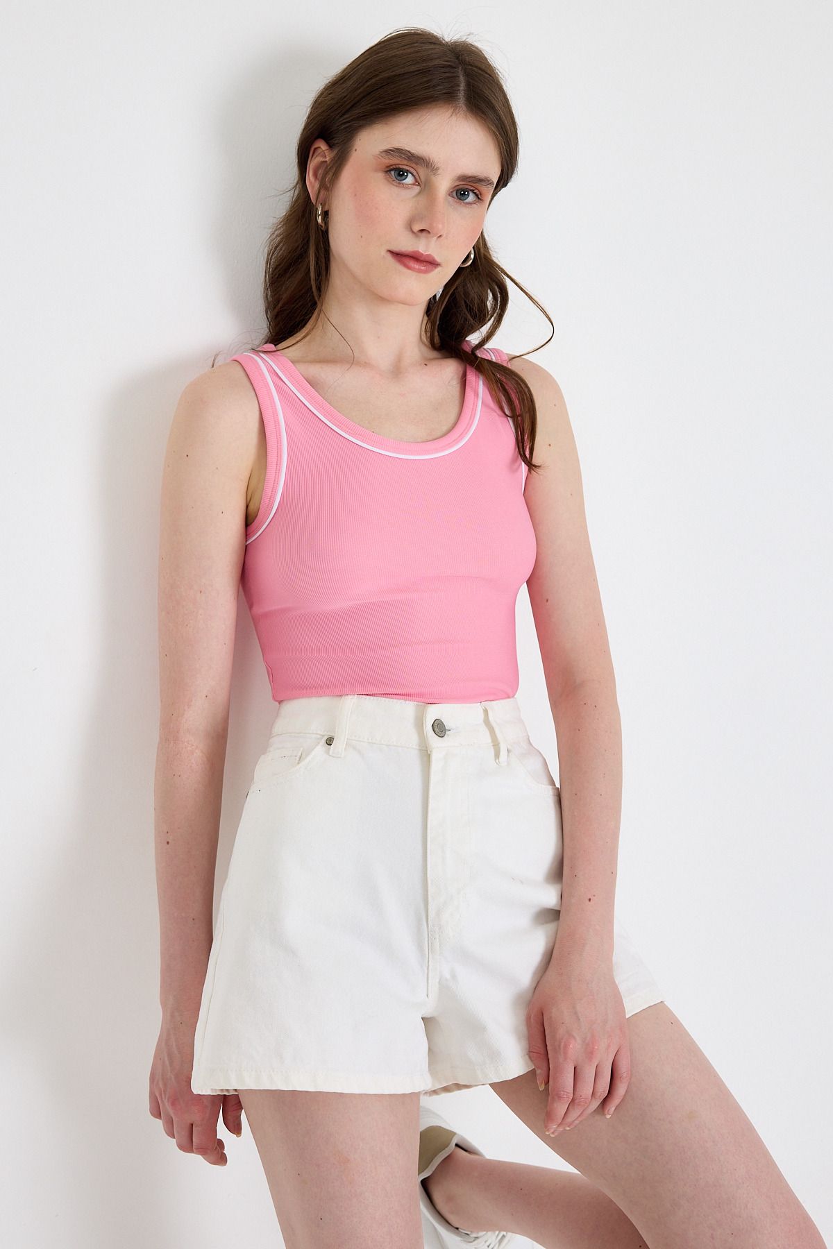 Rays Pembe Şerit Detaylı Örme Crop Atlet 1049