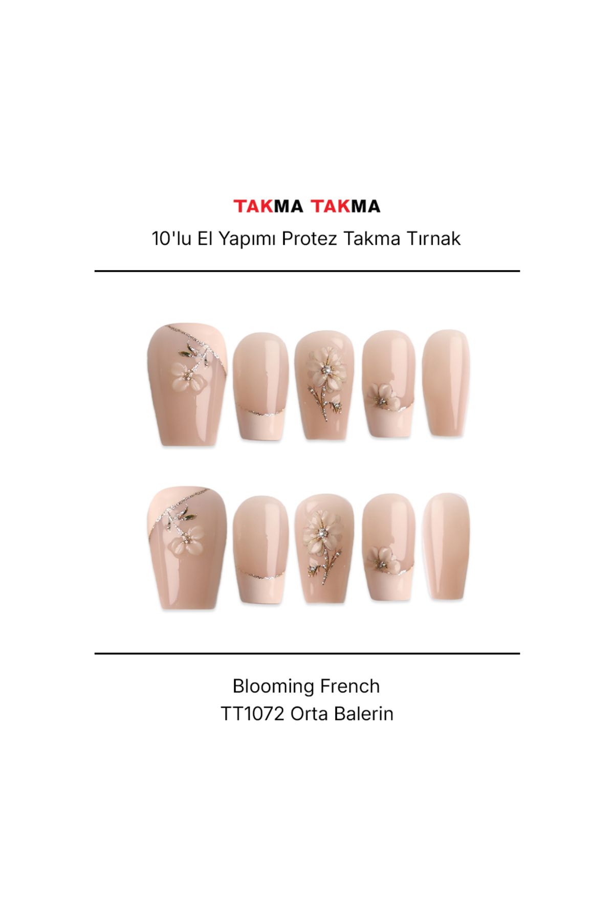 Takma Takma Tekrar Kullanılabilir El Yapımı Protez Takma Tırnak Blooming French - 10'lu - TT1072 M-Ten Rengi-Pe