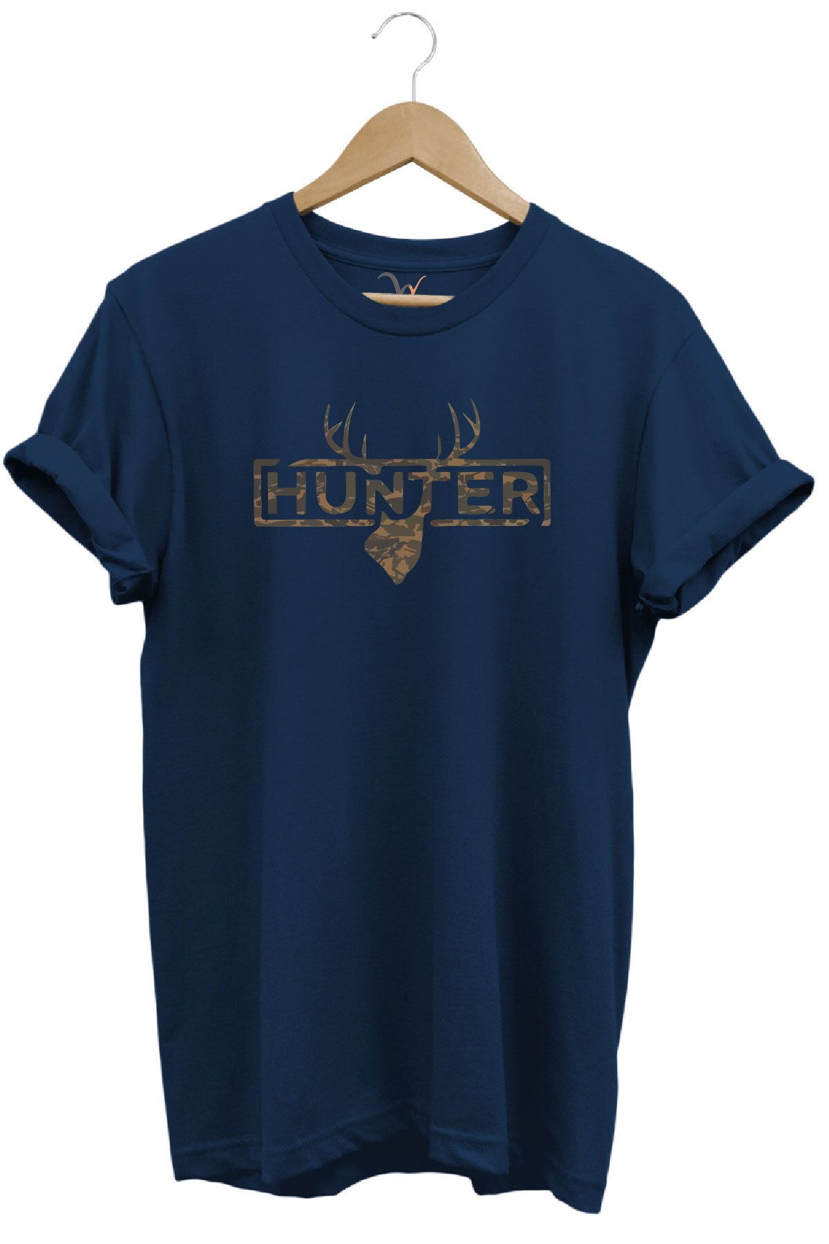 WİDİ Avcılık Kamuflaj Desenli Geyik ve Hunter Yazı Baskılı %100 Pamuk Regular Fit Bisiklet Yaka T-shirt