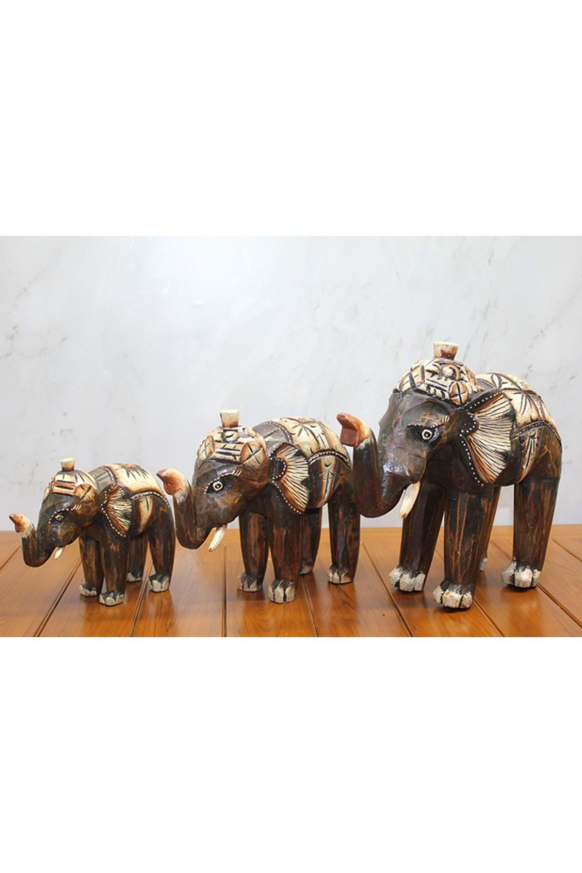 Store Ahşap 3'Lü Fil Seti 15-20-25 Cm