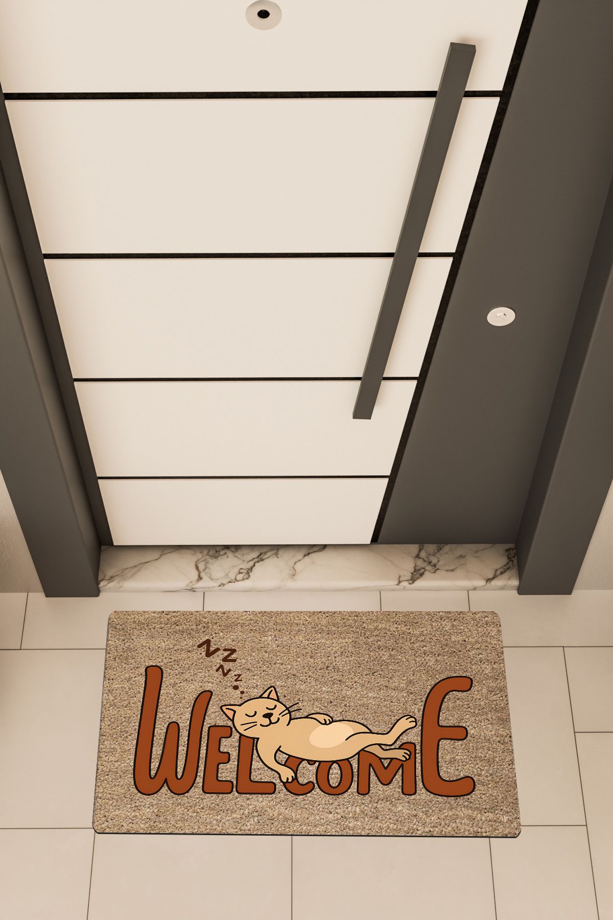 Dormot Home Yüksek Kaliteli Dijital Baskı Kahverengi, Welcome Yatan Kedi, temalı Kapı Önü Paspası