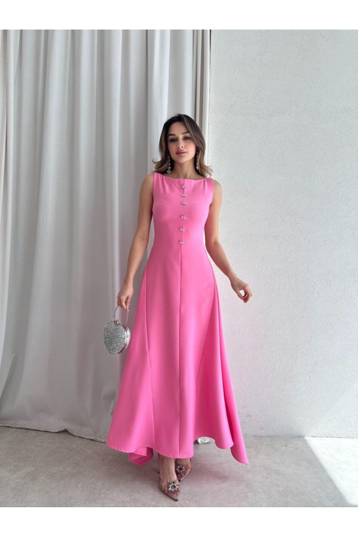 popibutik Kadın Taş Fiyonk Detaylı Uzun Elbise