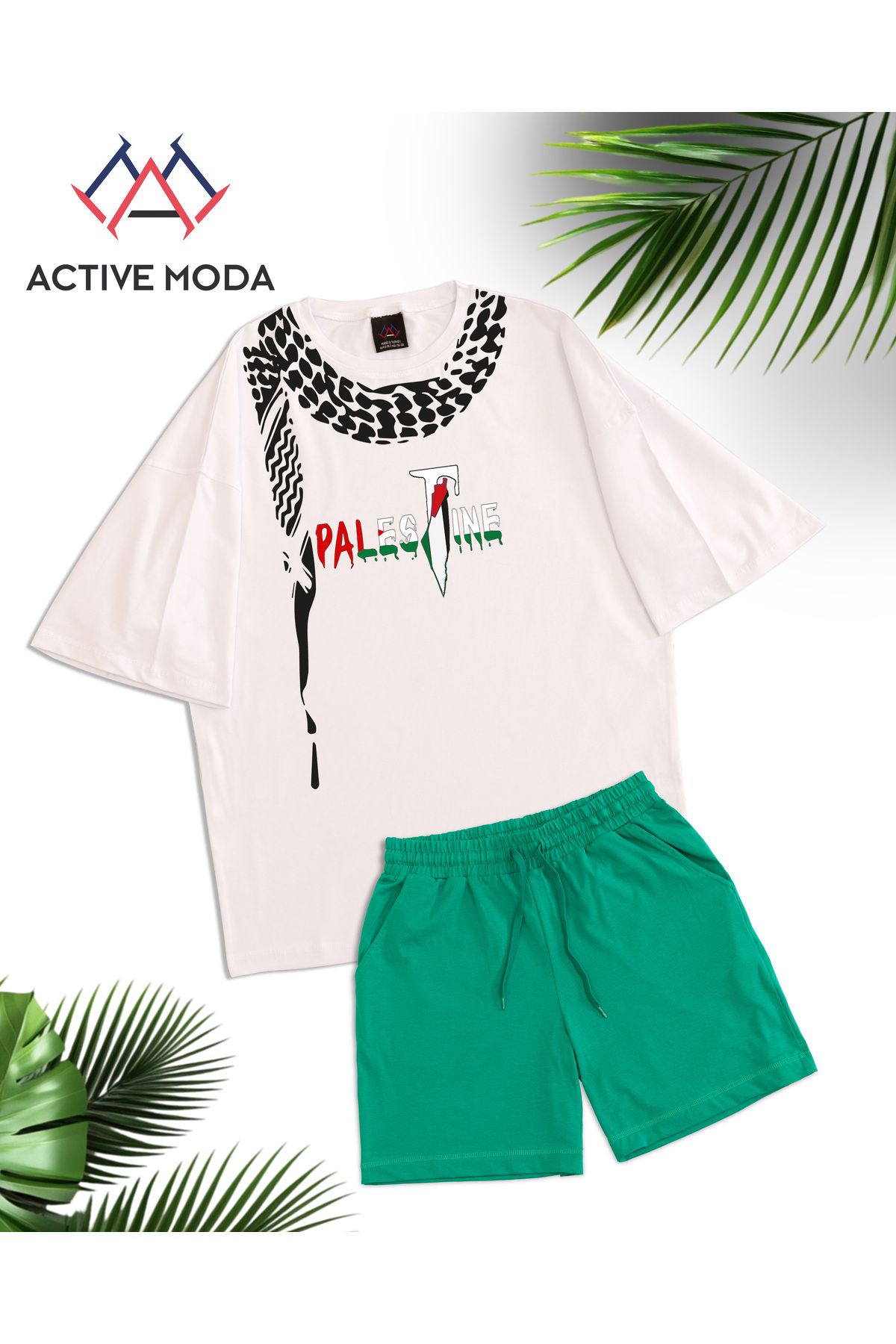 JANSO GROUP -ERKEK PAMUKLU BASKILI Palestine TSHIRT-ŞORT TAKIMI 2Lİ OVERSİZE BÜYÜK BEDEN