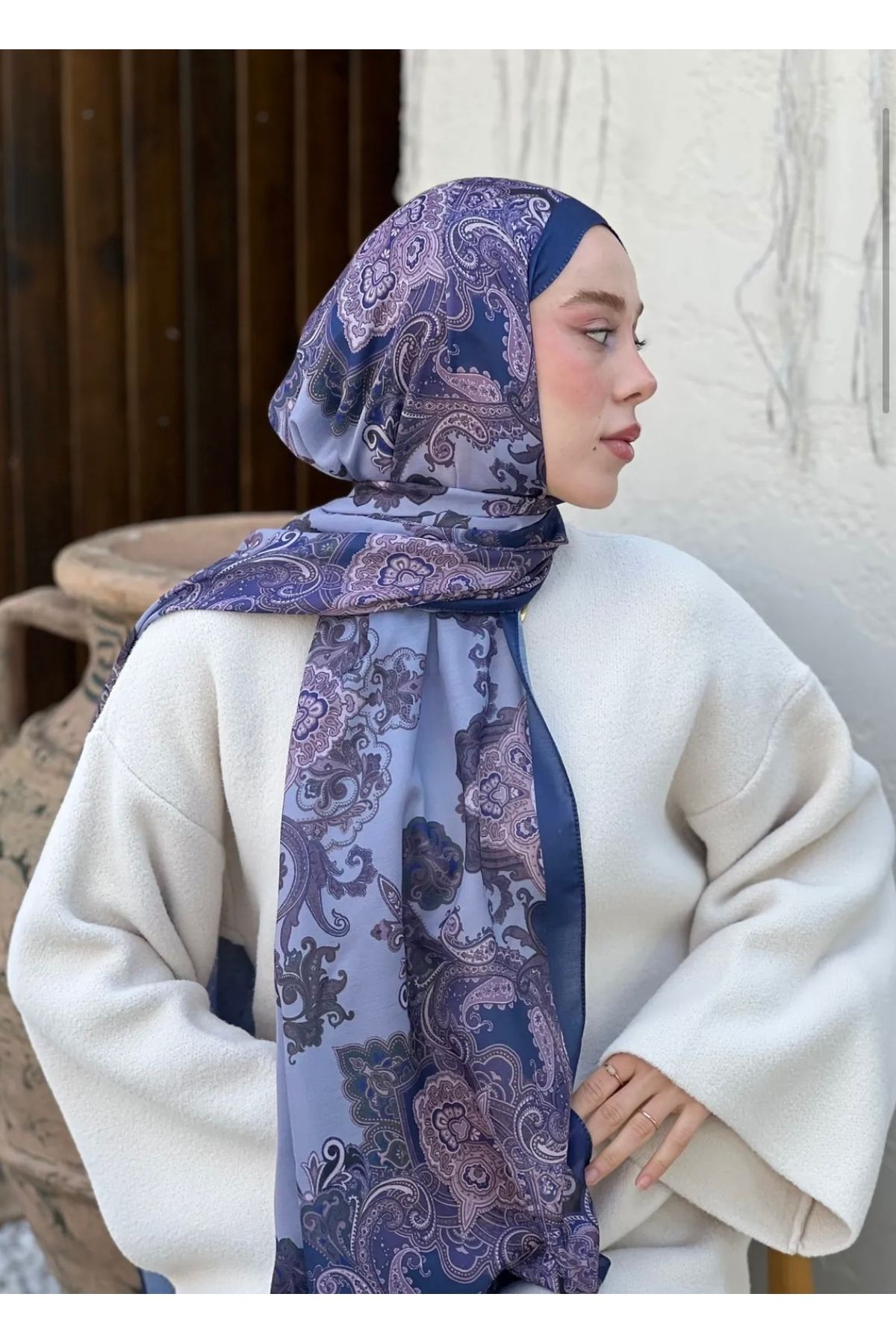 Modakaşmir Mor mavi etnik desen şal