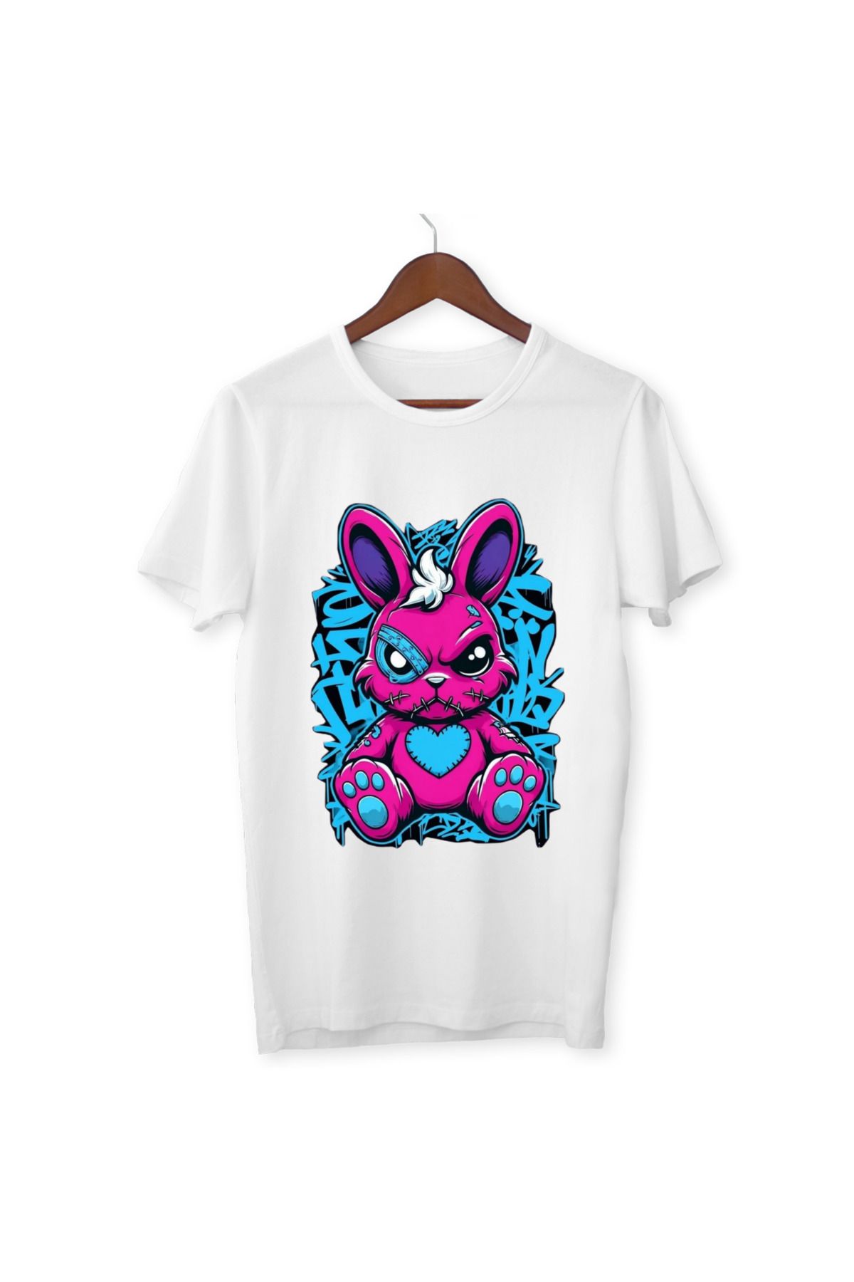 ALPŞAN TİCARET Tavşan Baskılı Çocuk Yetişkin Beyaz T-shirt Unisex Çocuk Tişört