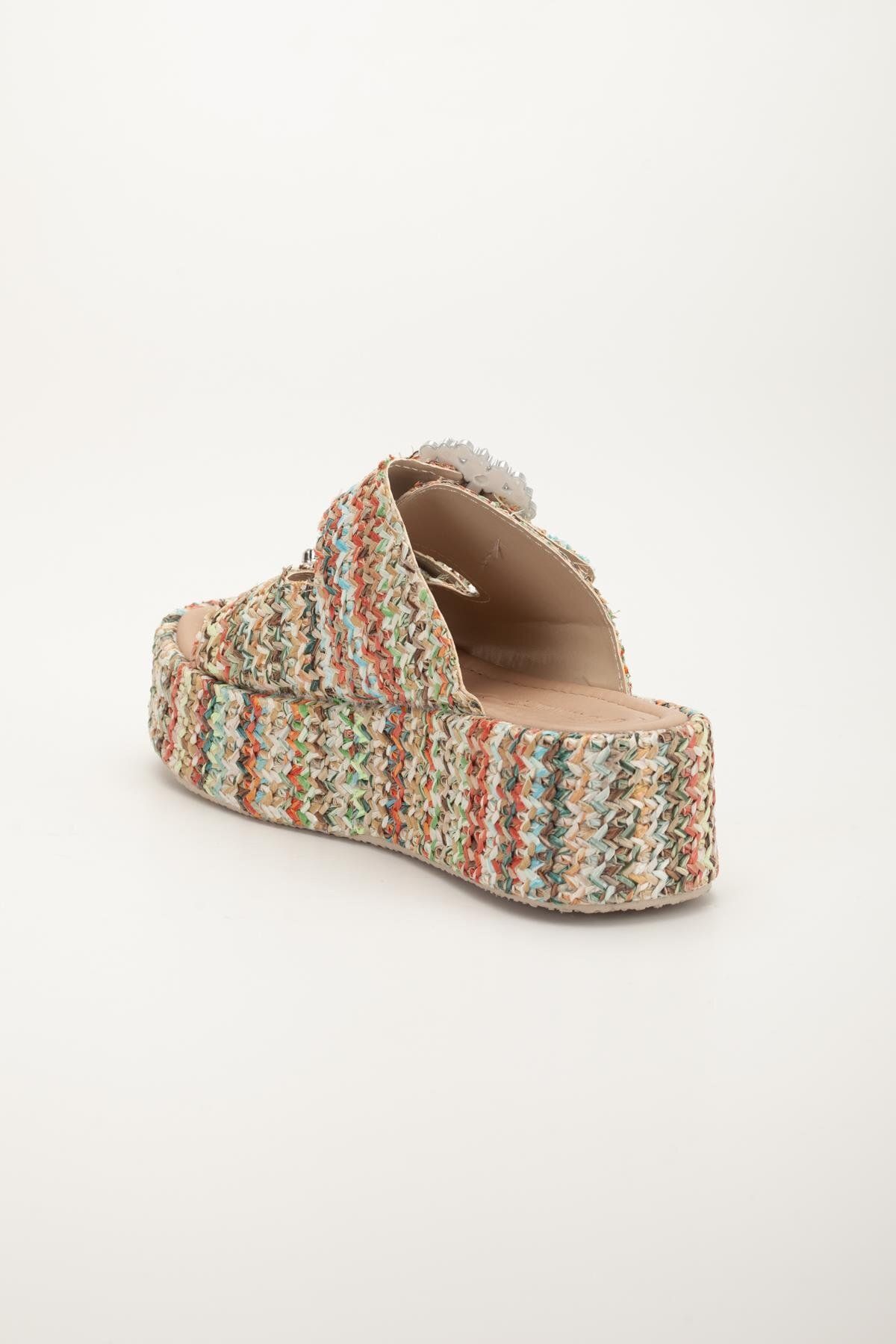 Dilimler Ayakkabı-Women's Wedge Heeled Slippers Nude Two Stripes Square Stone Buckle Coated Sole 5