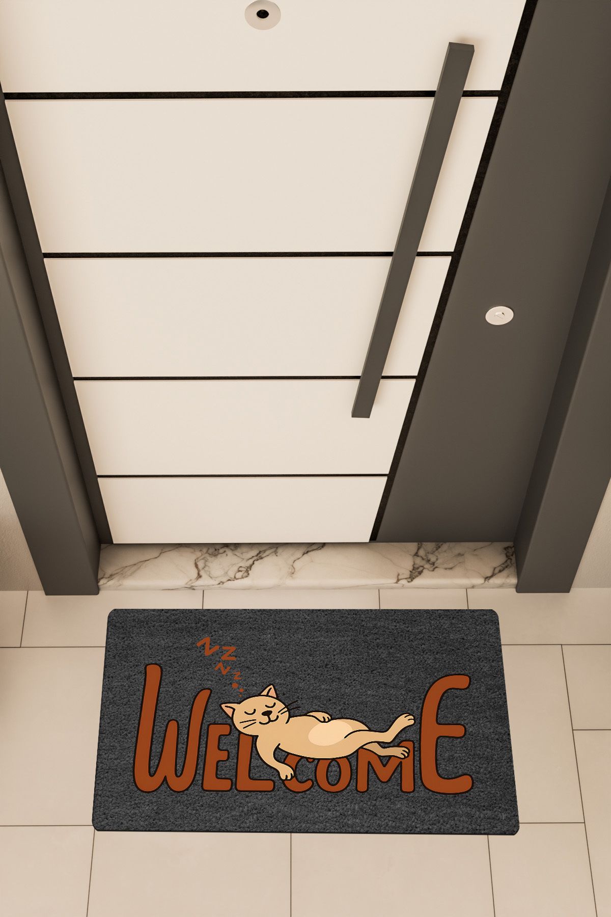 Dormot Home Yüksek Kaliteli Dijital Baskı Siyah, Welcome Yatan Kedi, temalı Kapı Önü Paspası