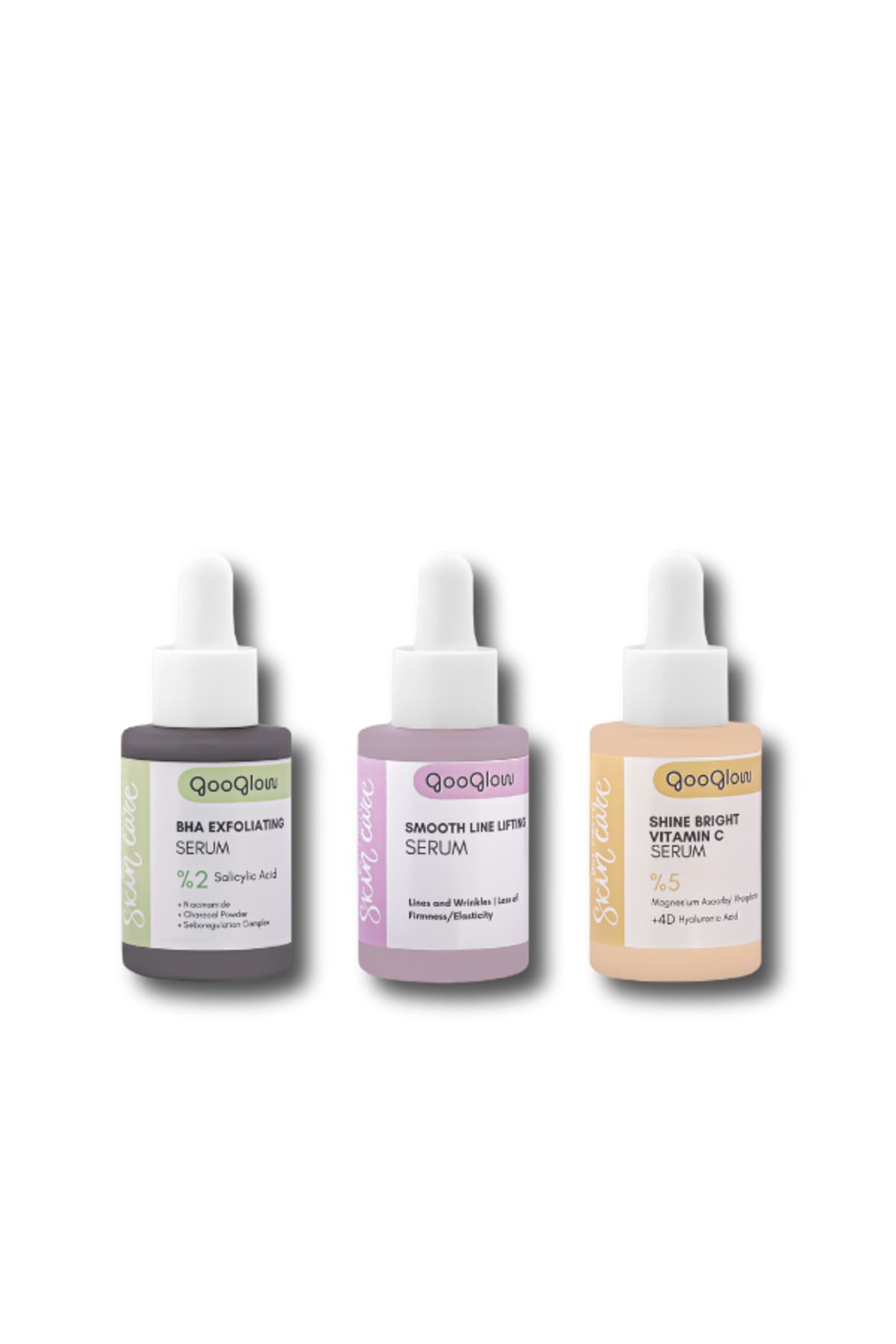 GOOGLOW AKNE/LEKE/YAŞLANMA KARŞITI, DOLGUNLAŞTIRICI, LIFTING 3'LÜ SERUM AVANTAJ SETİ